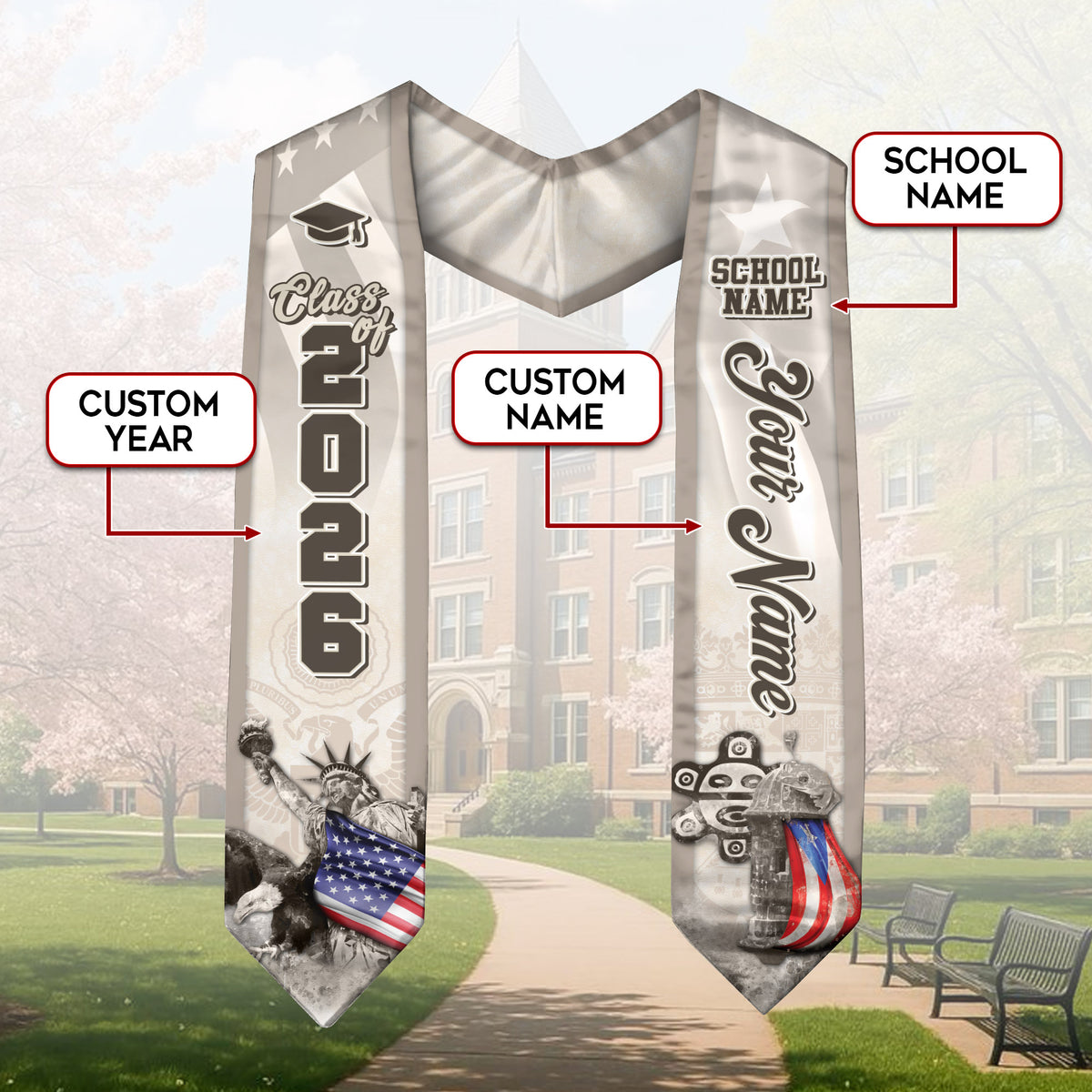Puerto Rico Graduation Stole 2026 Statue of Liberty & Native Taino Mask Symbols Custom Sash