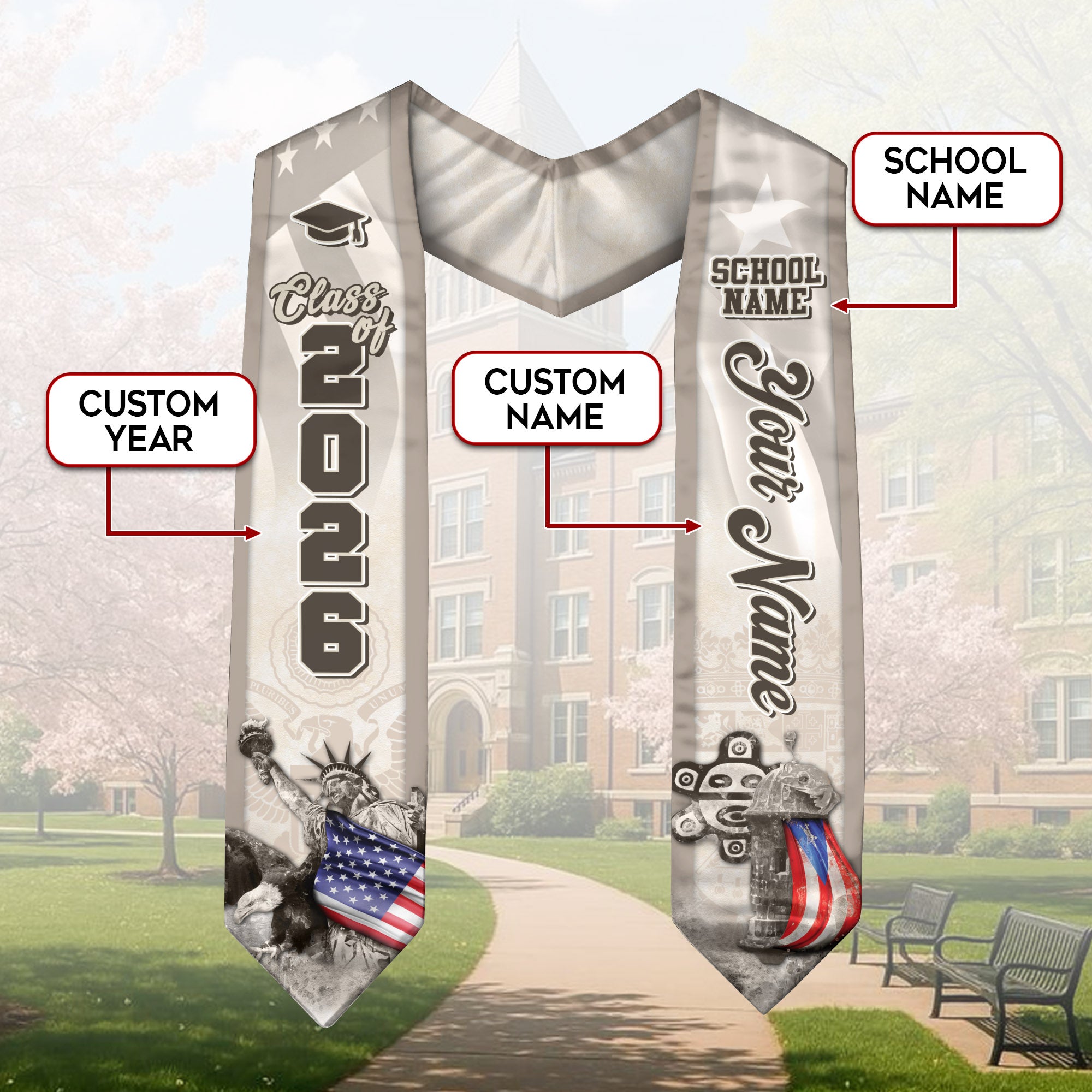 Puerto Rico Graduation Stole 2026 Statue of Liberty & Native Taino Mask Symbols Custom Sash