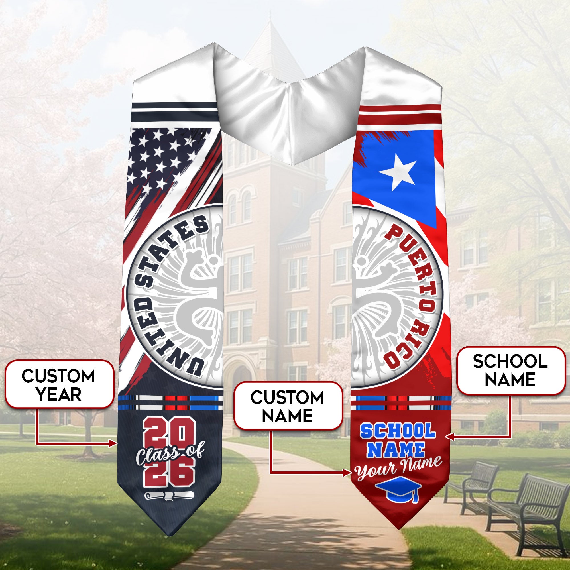 Puerto Rico Coat of Arms Heritage Graduation Sash Class of 2026 Custom USA Flag Stole