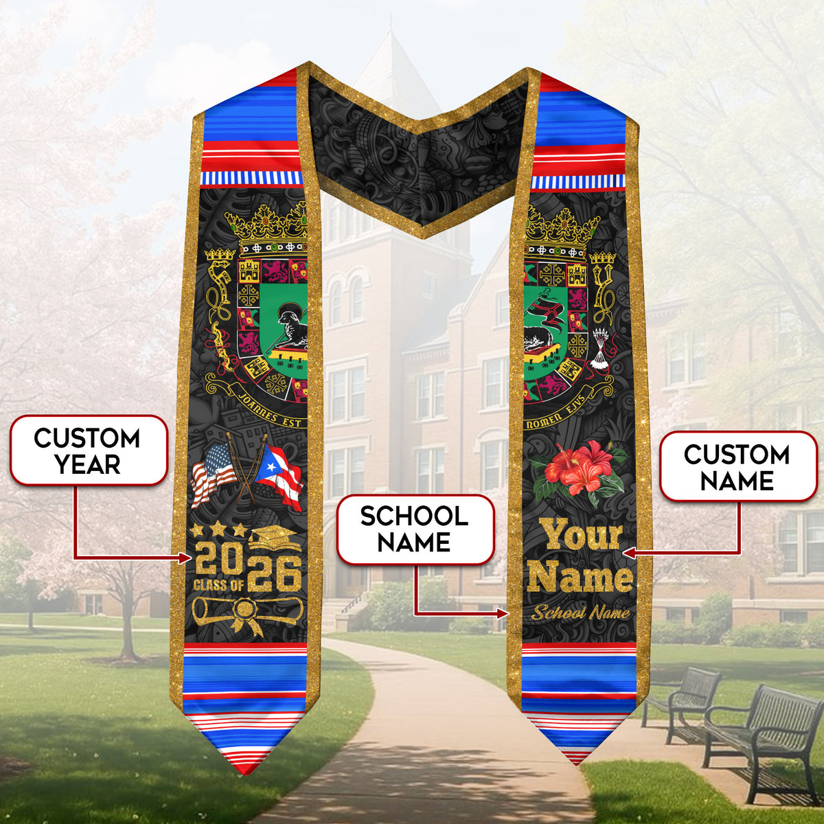 Custom Puerto Rico American Flag Coat of Arms Graduation Sash Class of 2026 Stole