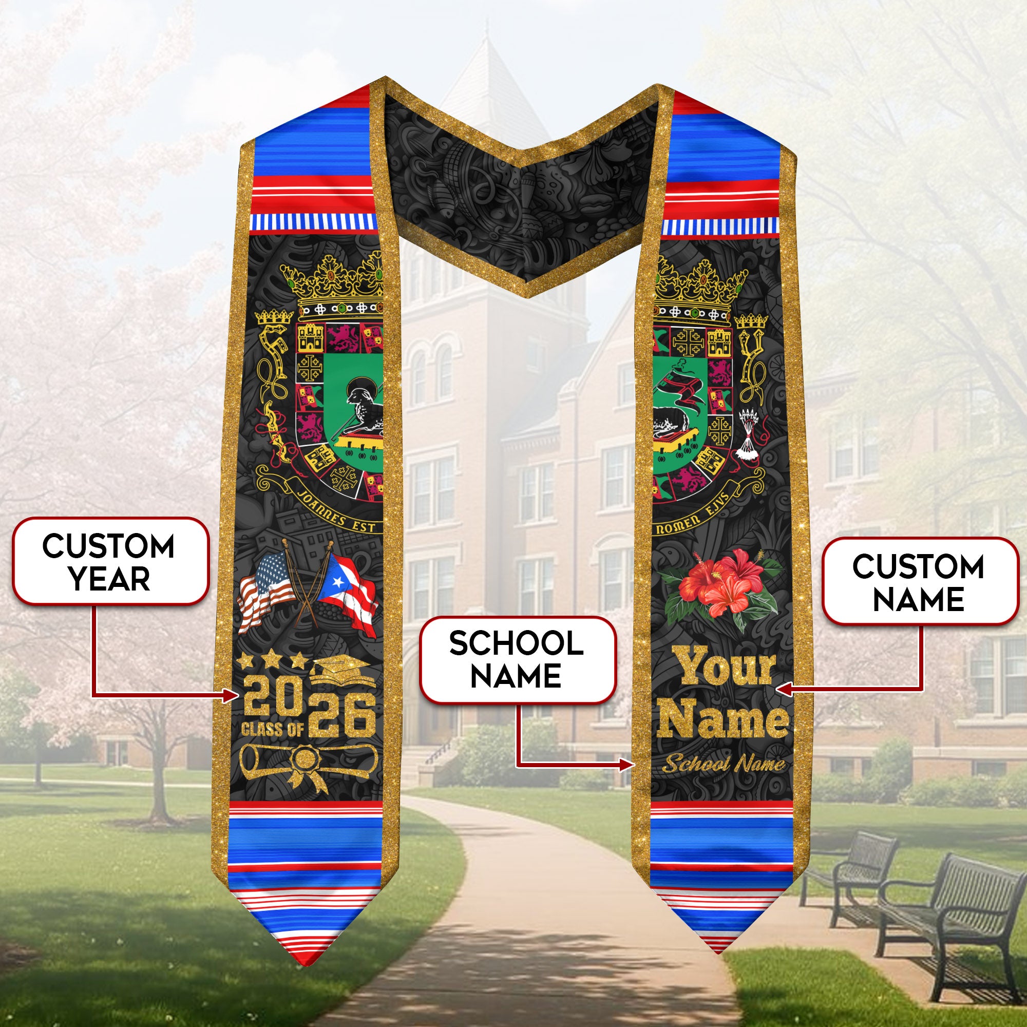 Custom Puerto Rico American Flag Coat of Arms Graduation Sash Class of 2026 Stole