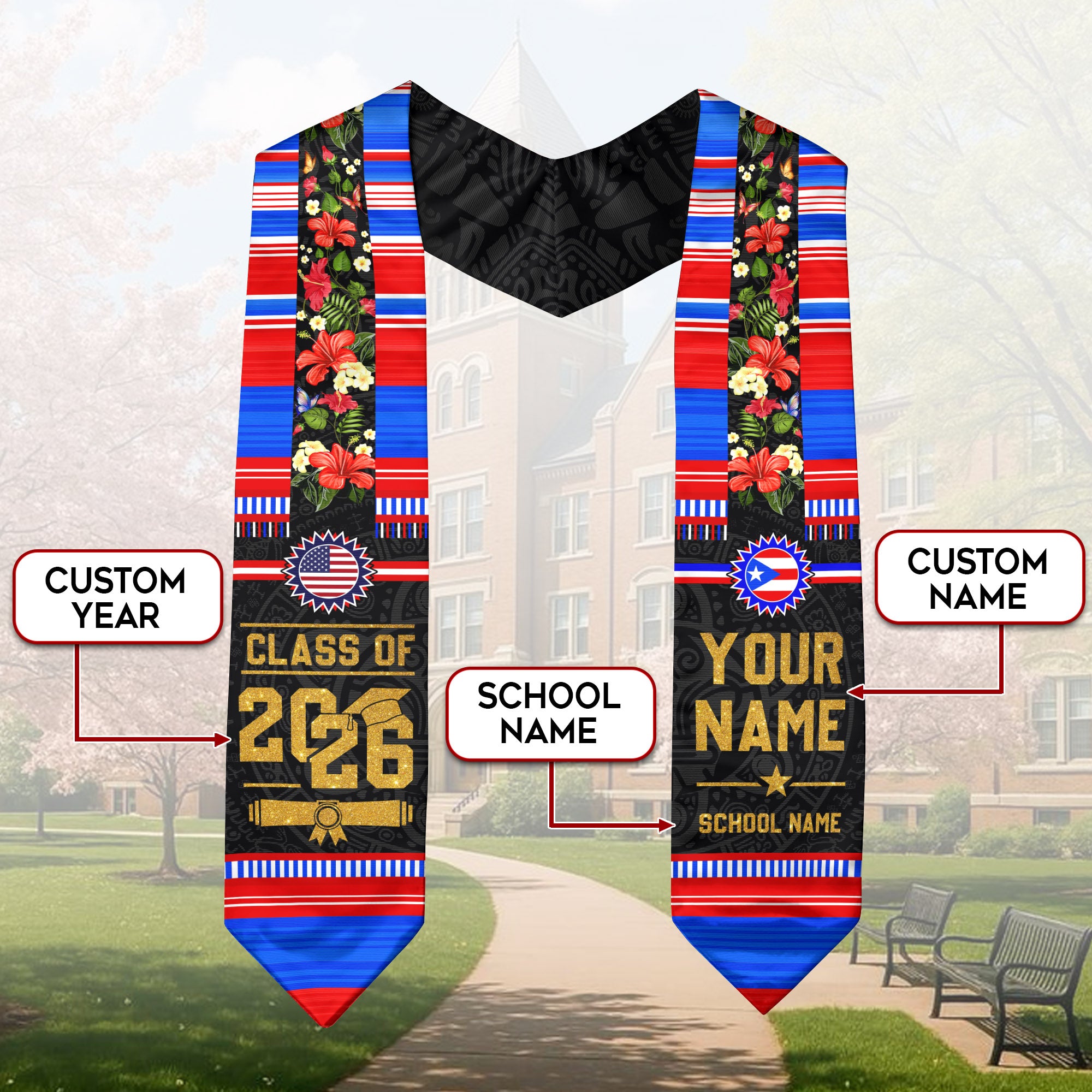 Puerto Rico Heritage Graduation Sash 2026 Custom American Flag Floral Boricua Stole