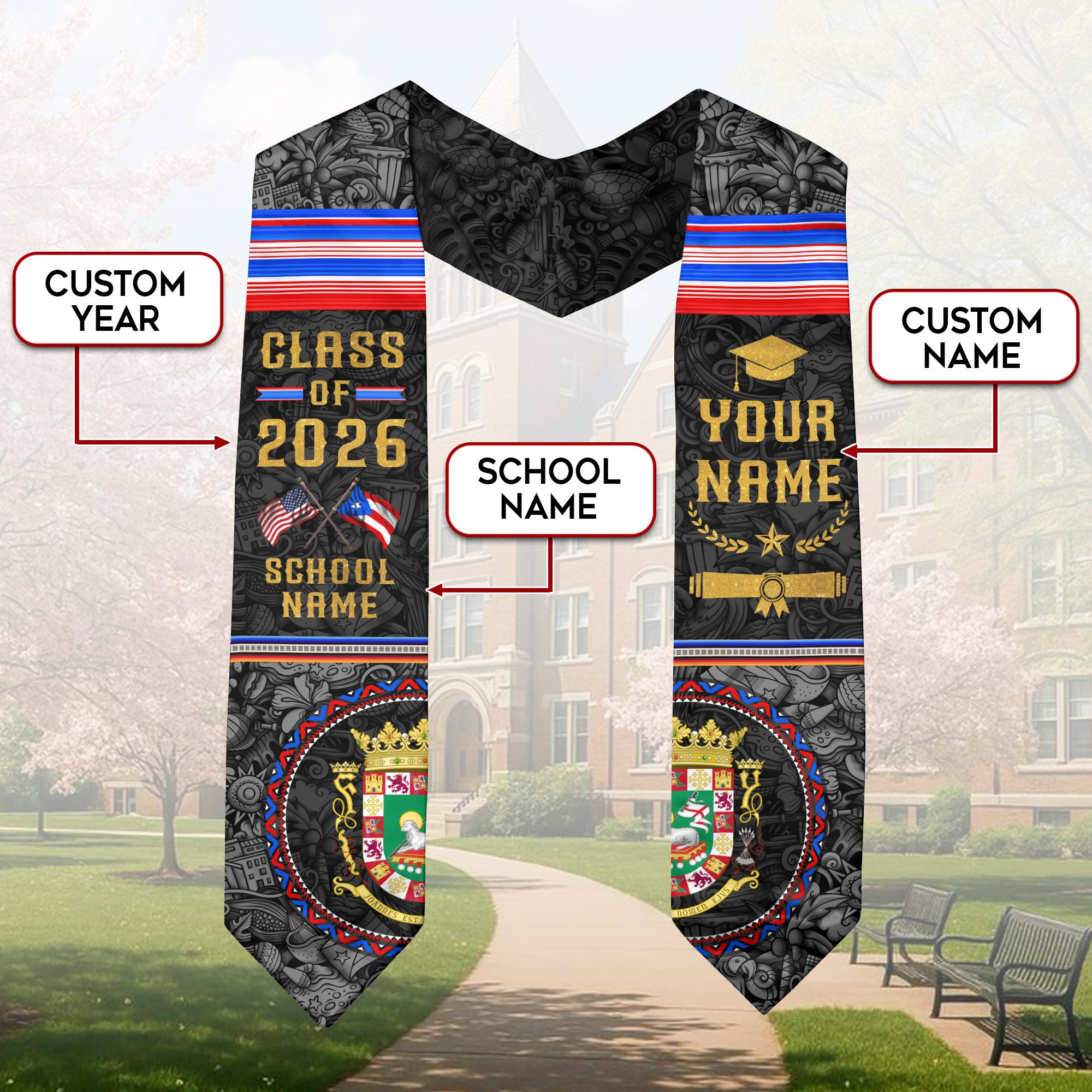 Personalized Puerto Rican Heritage Graduation Stole 2026 USA Flag Custom Name Sash