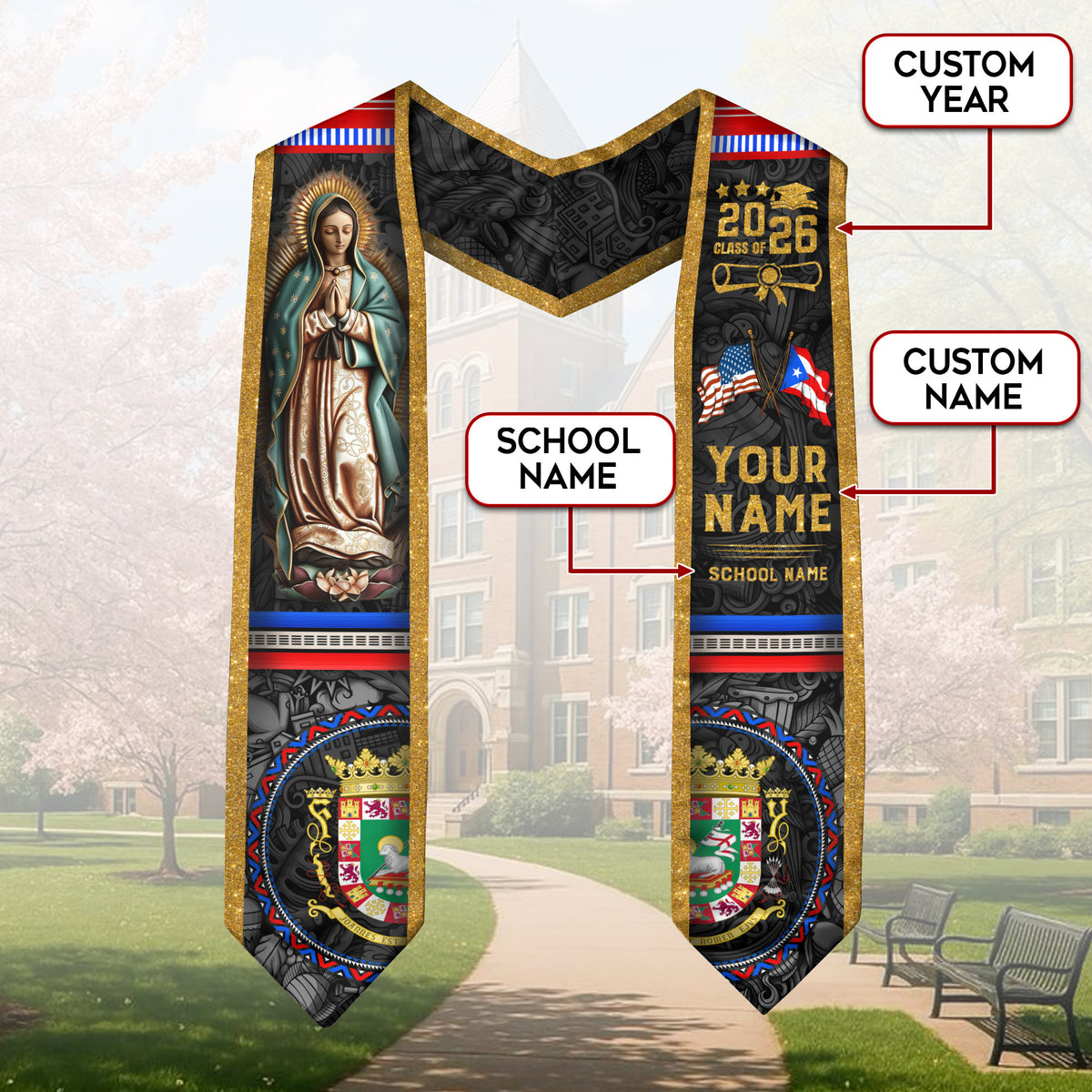 Custom Puerto Rico American Flag Graduation Sash Virgin Mary 2026 Graduation Stole