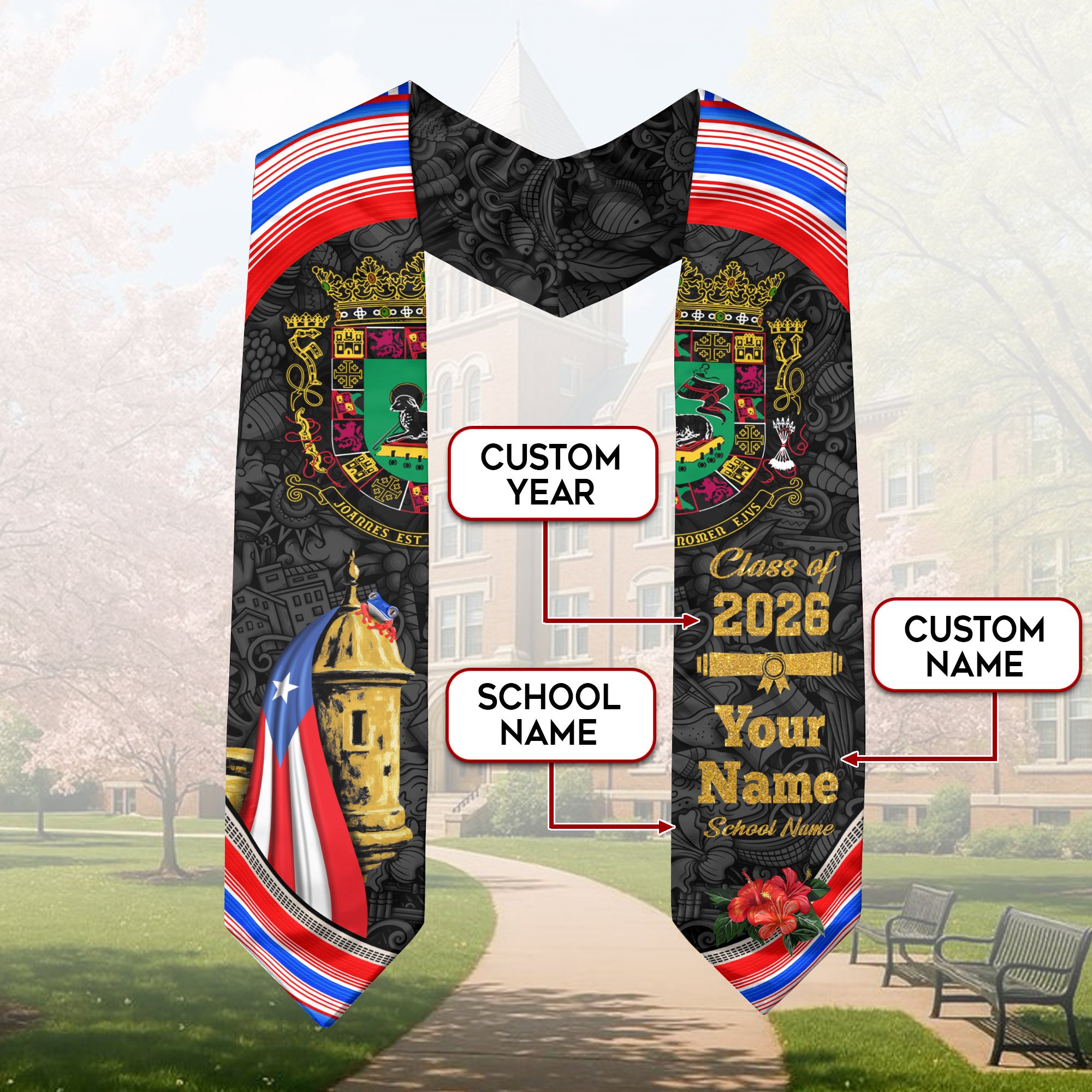 Custom Puerto Rico Graduation Stole 2026 El Morro Fortress Coat of Arms Graduation Sash