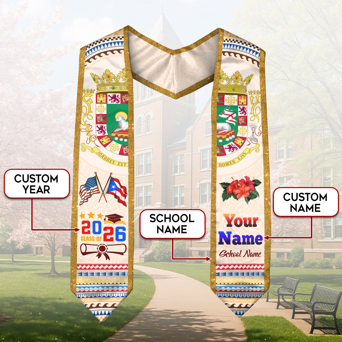 Puerto Rico Graduation Stole 2026 Custom Puerto Rican American Flag Sash Class of 2026
