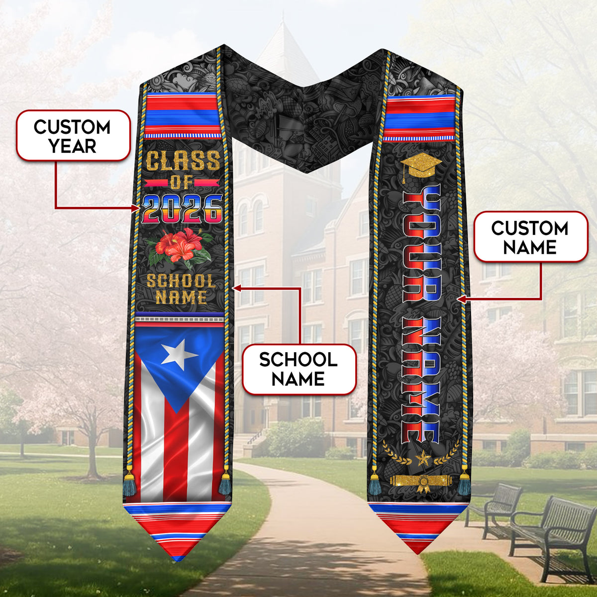 Puerto Rico Graduation Stole 2026 Vintage Custom Puerto Rican Flag Sash Class of 2026