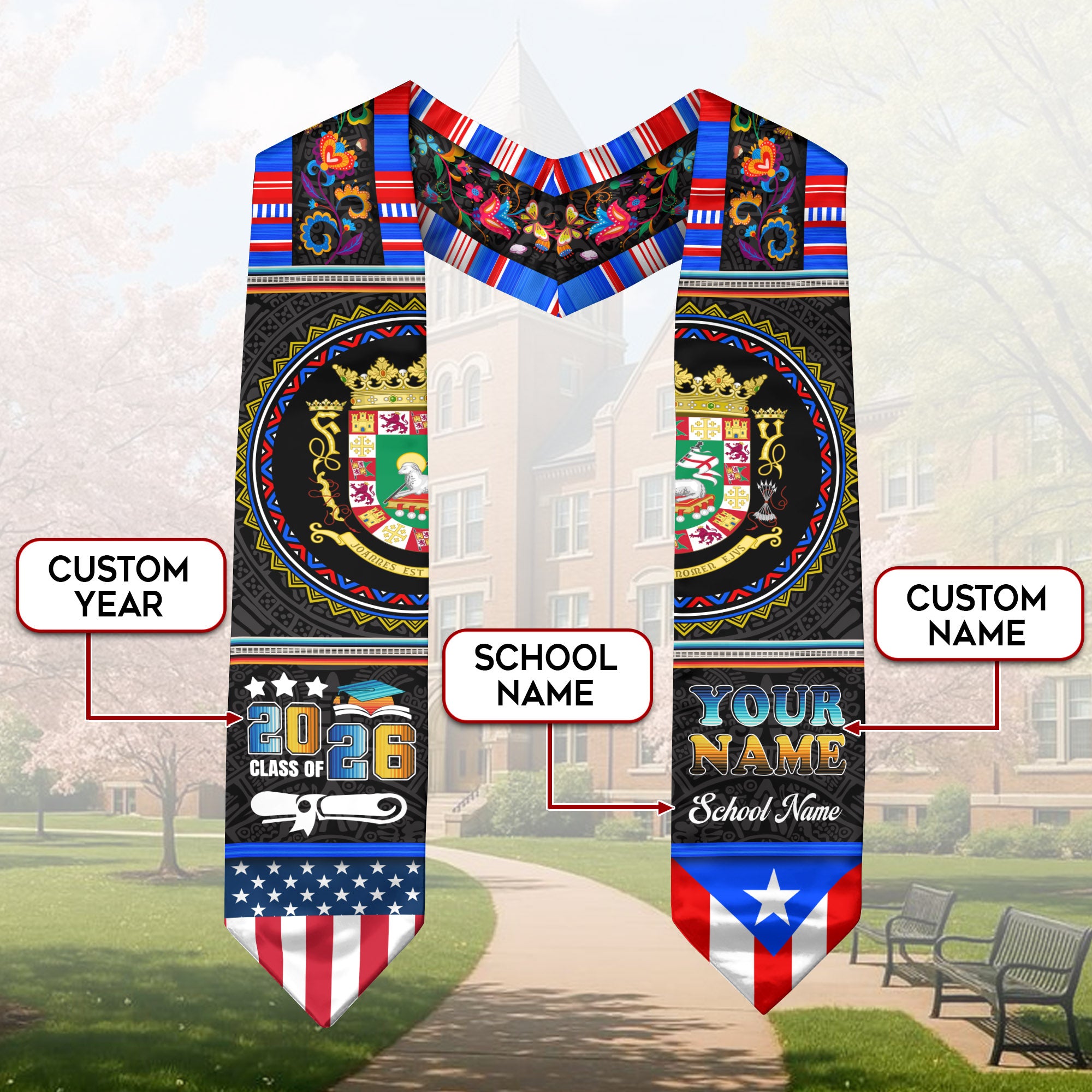 Custom Puerto Rico Graduation Stole 2026 Heritage American Flag Sash Class of 2026
