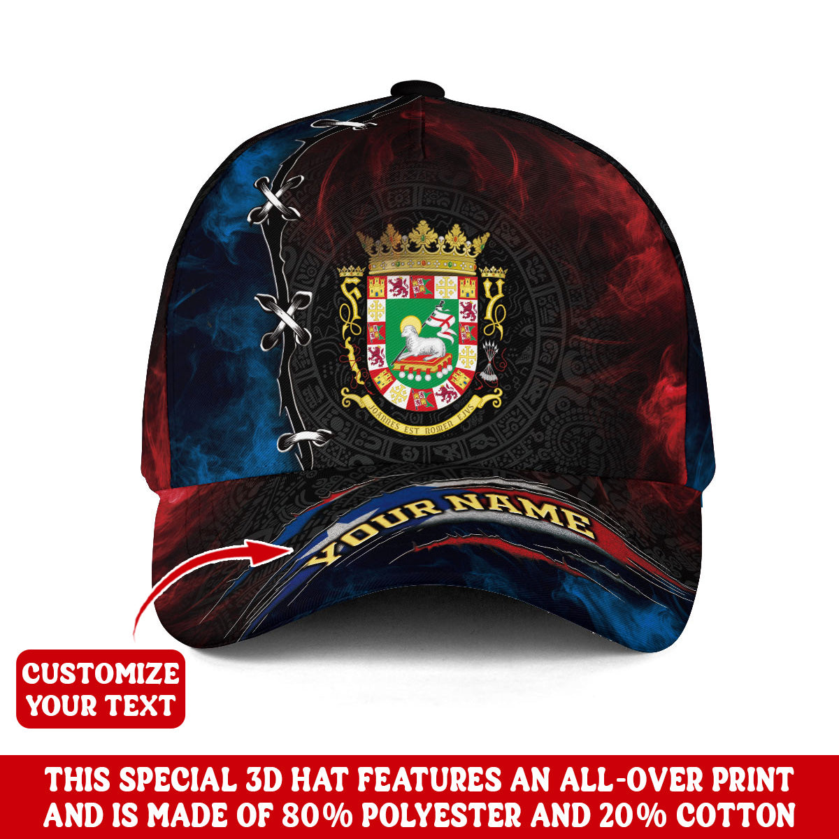 Puerto Rico Baseball Cap Coat of Arms Flag Blue Red Custom Name Boricua Hat