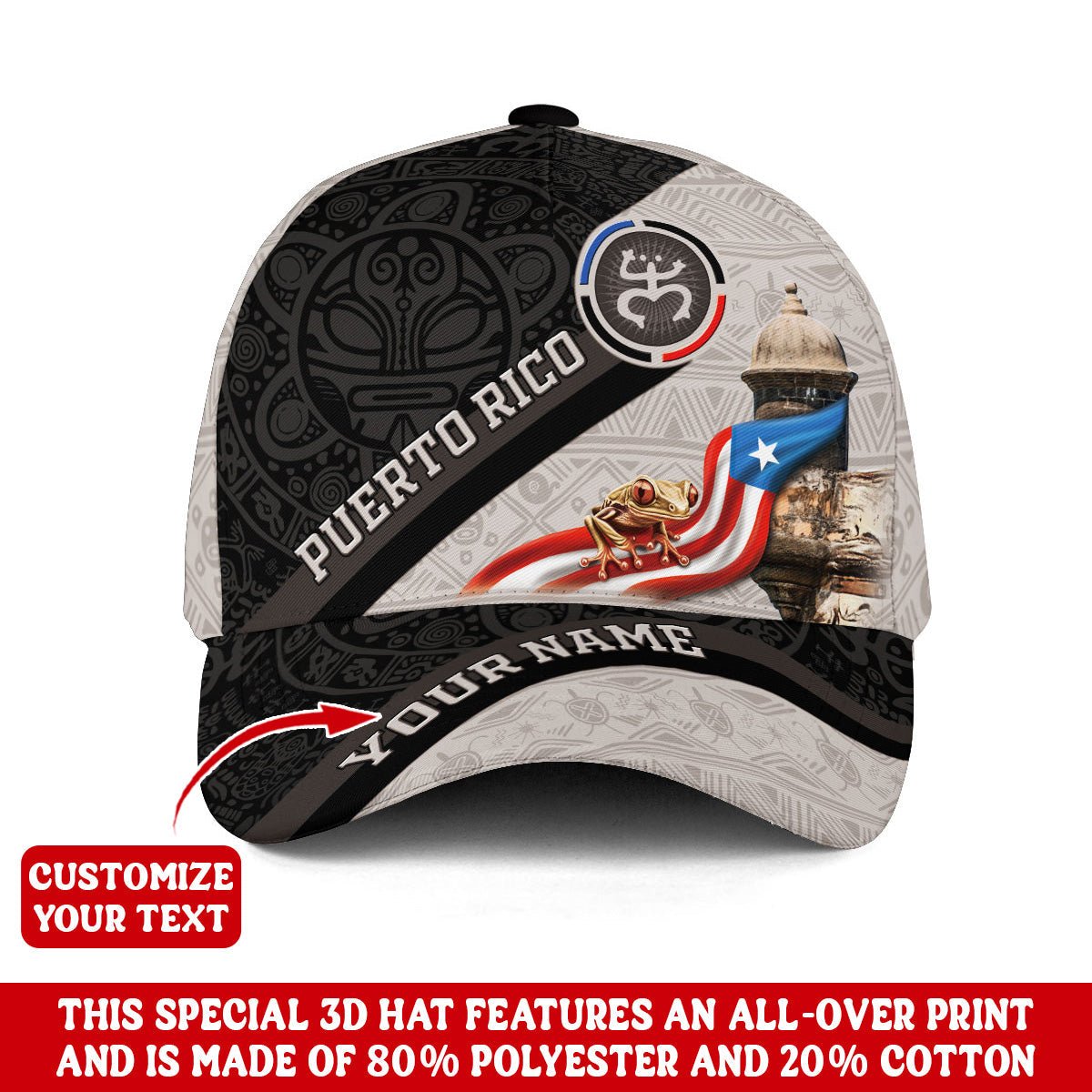 Custom Puerto Rico Baseball Caps with El Morro, Coqui Frog Taino Boricua, Personalized Puerto Rico Caps with 3D Hats Custom Name Style, Northryn Co.