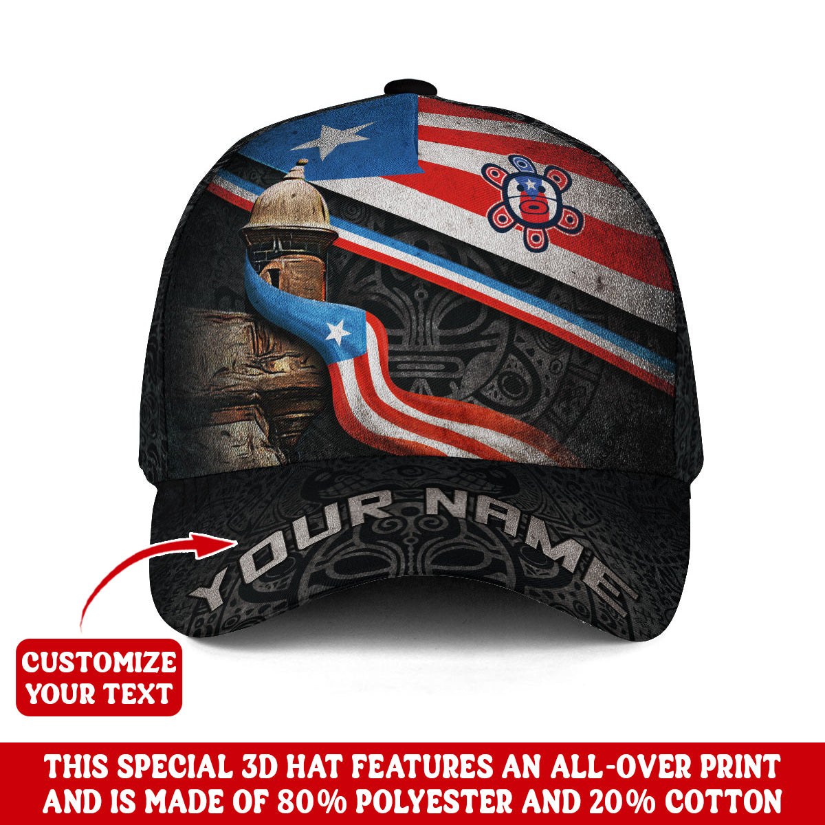 Puerto Rico Baseball Cap El Morro Fortress Taino Sun Custom Name Boricua Pride Hat