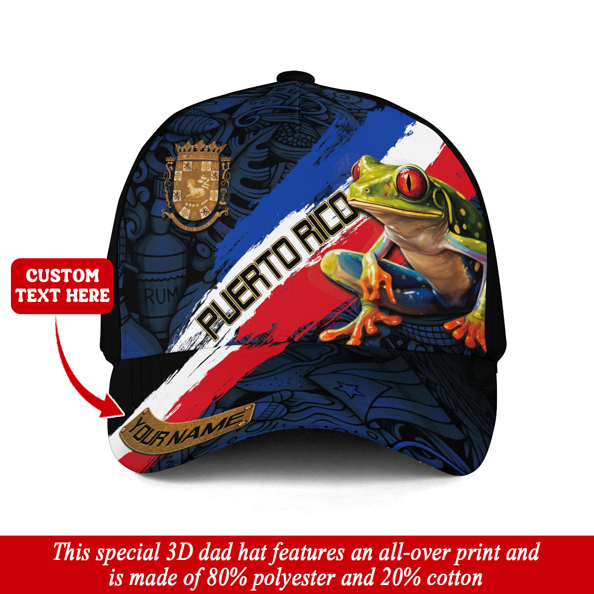 Puerto Rico Baseball Cap Coqui Frog Custom Name Boricua Heritage Hat For Men