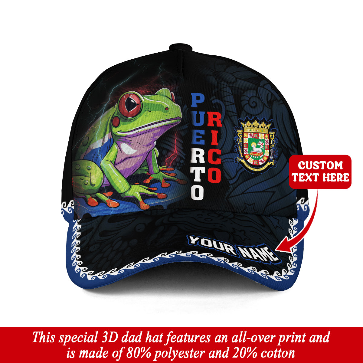 Puerto Rico Baseball Cap Coqui Frog Wave Design Custom Name Boricua Heritage Hat