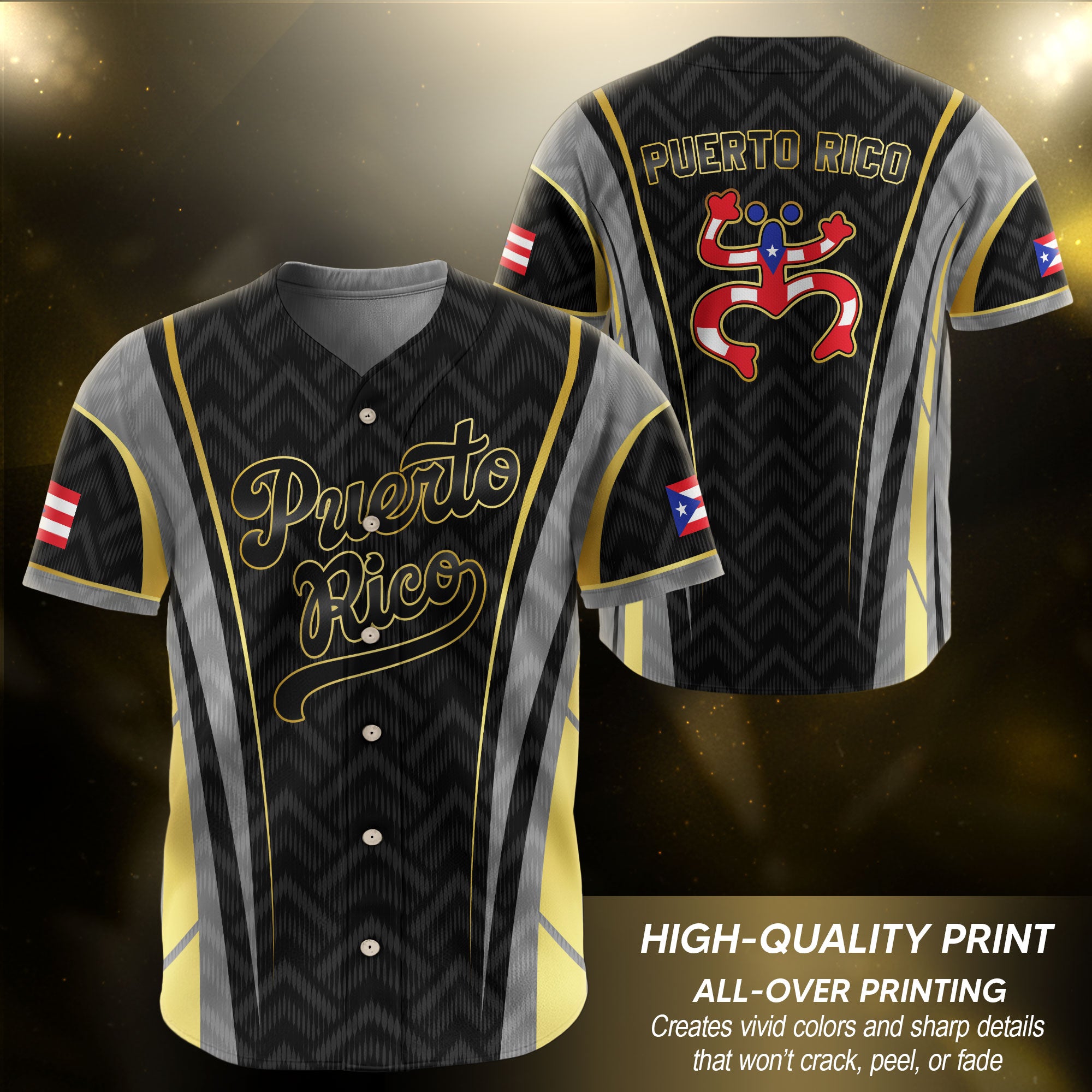 Puerto Rico Boricua Black Gold Coqui Frog Heritage Graphic Baseball Jersey