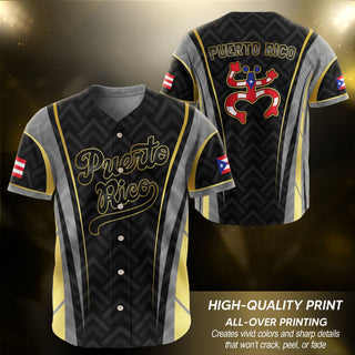 Puerto Rico Baseball Jersey in Boricua Black for Men and Women, Gold Coqui Frog Heritage Graphic, Puerto Rico Shirts with Boricua Pride, Northryn Co.