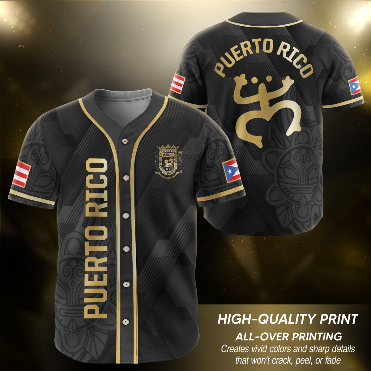 Puerto Rico Boricua Jerseys Black Gold Tribal National Heritage Baseball Jersey
