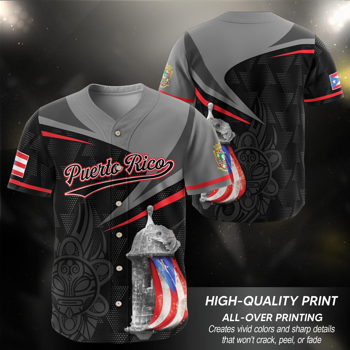 Puerto Rico Heritage Fortress Gray Black Tribal Graphic Boricua Baseball Jersey