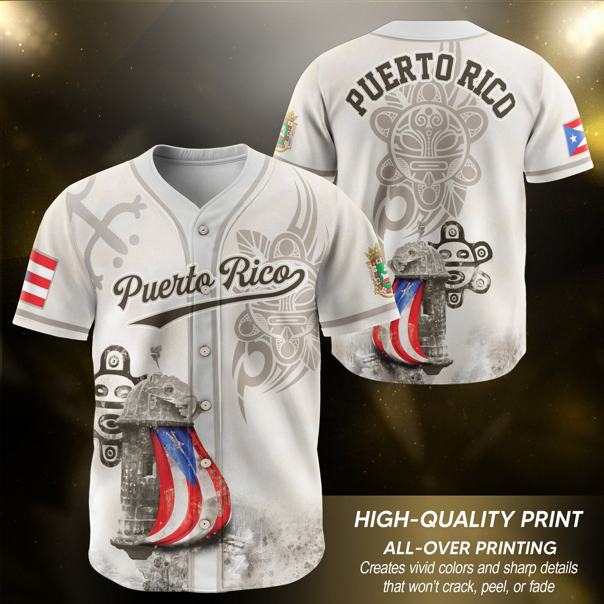 Puerto Rico Baseball Jersey in Heritage White for Men and Women, Beige Boricua Fortress Tribal Graphic, Bold Puerto Rico Shirts for Fans, Northryn Co.