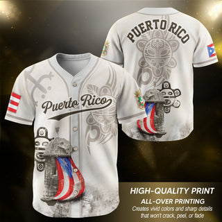 Puerto Rico Baseball Jersey in Heritage White for Men and Women, Beige Boricua Fortress Tribal Graphic, Bold Puerto Rico Shirts for Fans, Northryn Co.