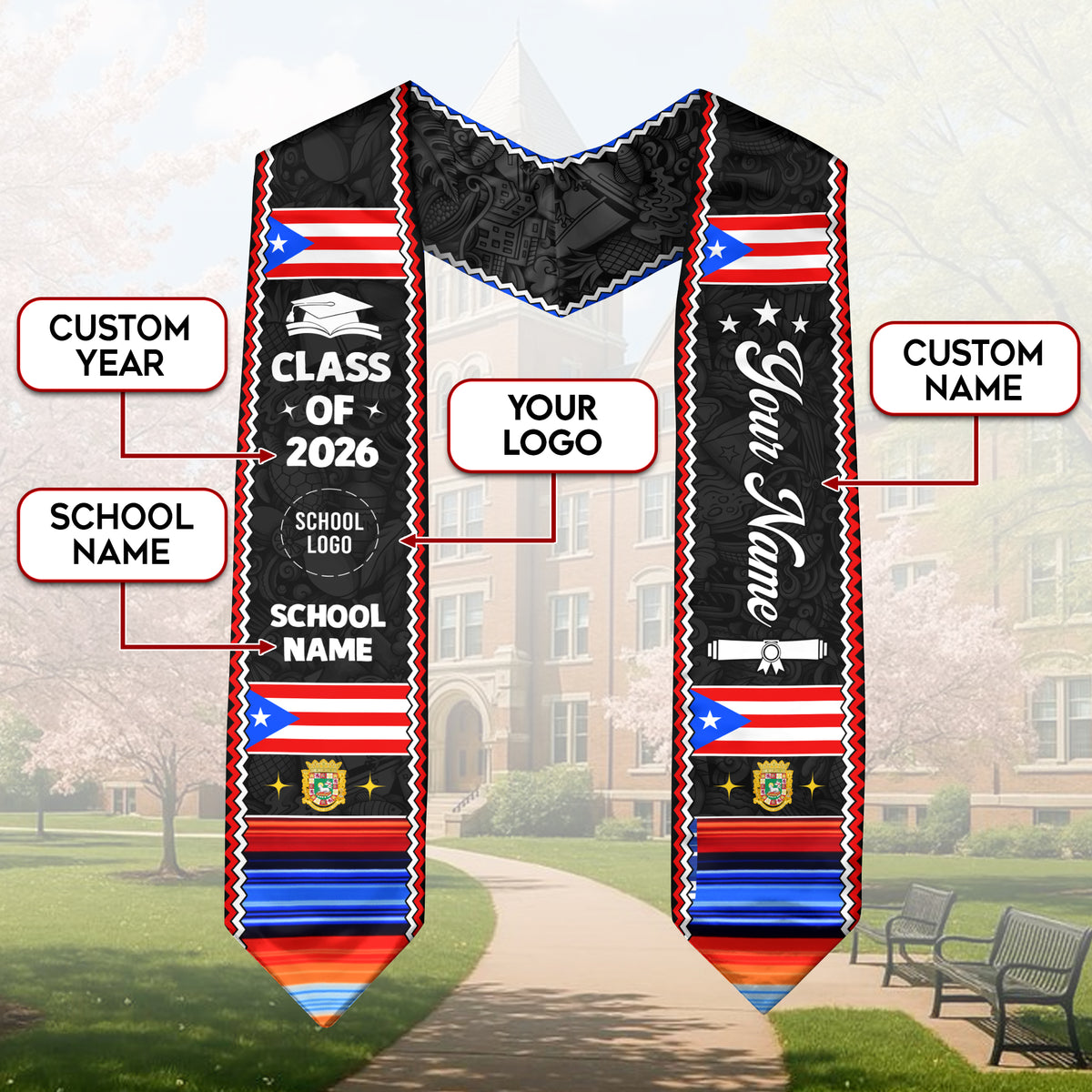 Custom Puerto Rico Graduation Stole 2026 Taino Symbol Coat of Arms Graduation Sash
