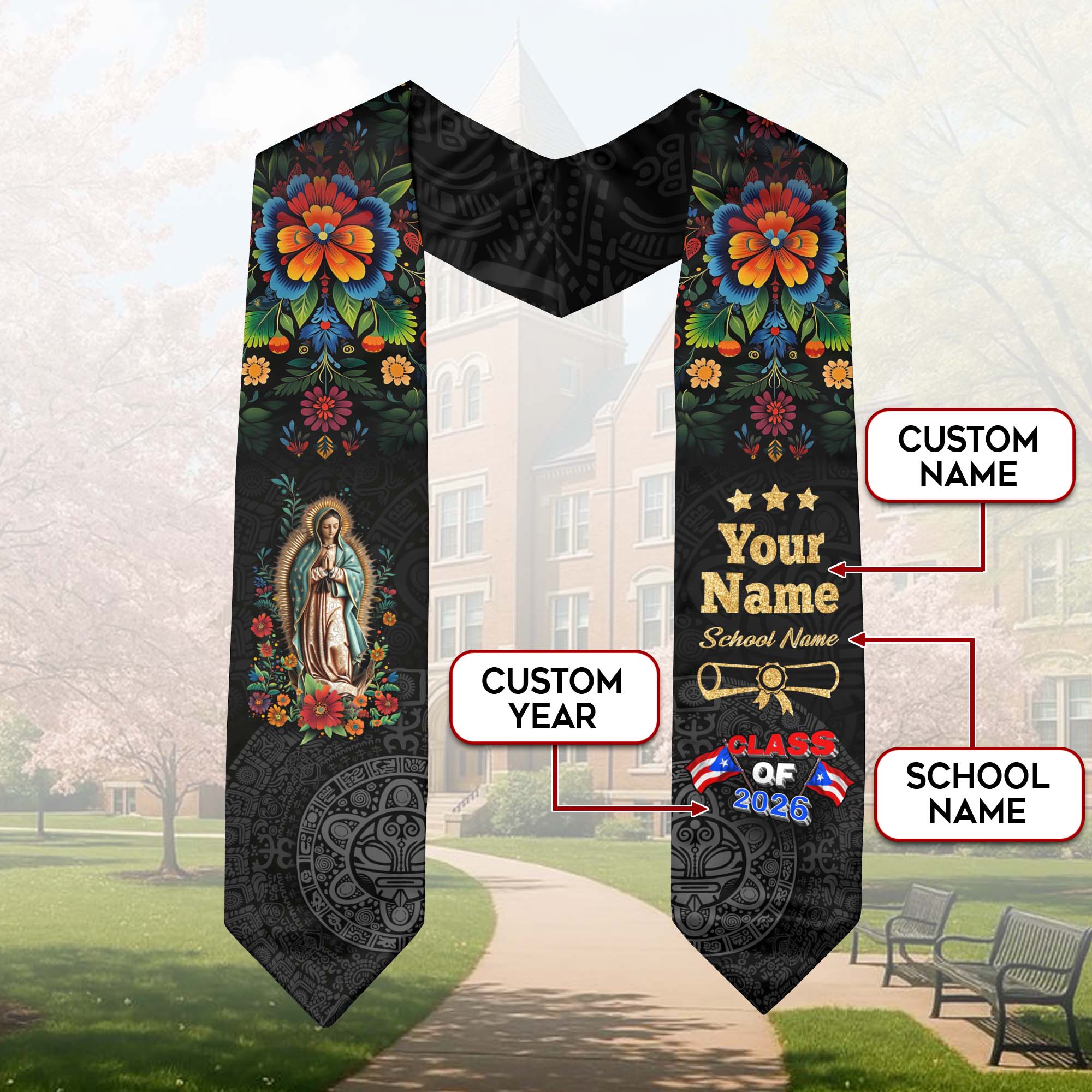 Custom Puerto Rico Flag Graduation Stole Class of 2026 Virgin Mary Floral Sash