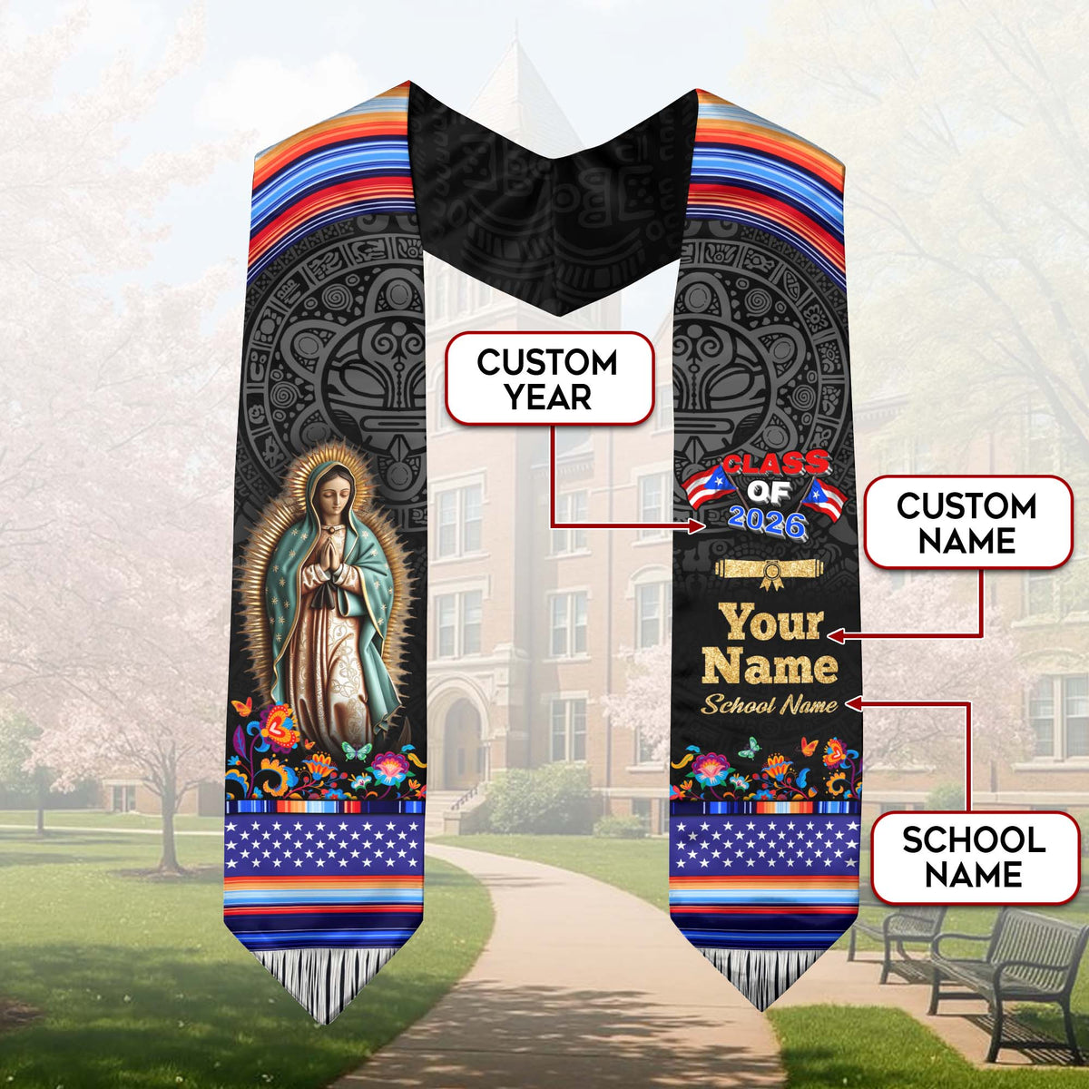 Personalized Puerto Rican Graduation Stole Custom Name Class of 2026 Virgin Mary Senior Sash