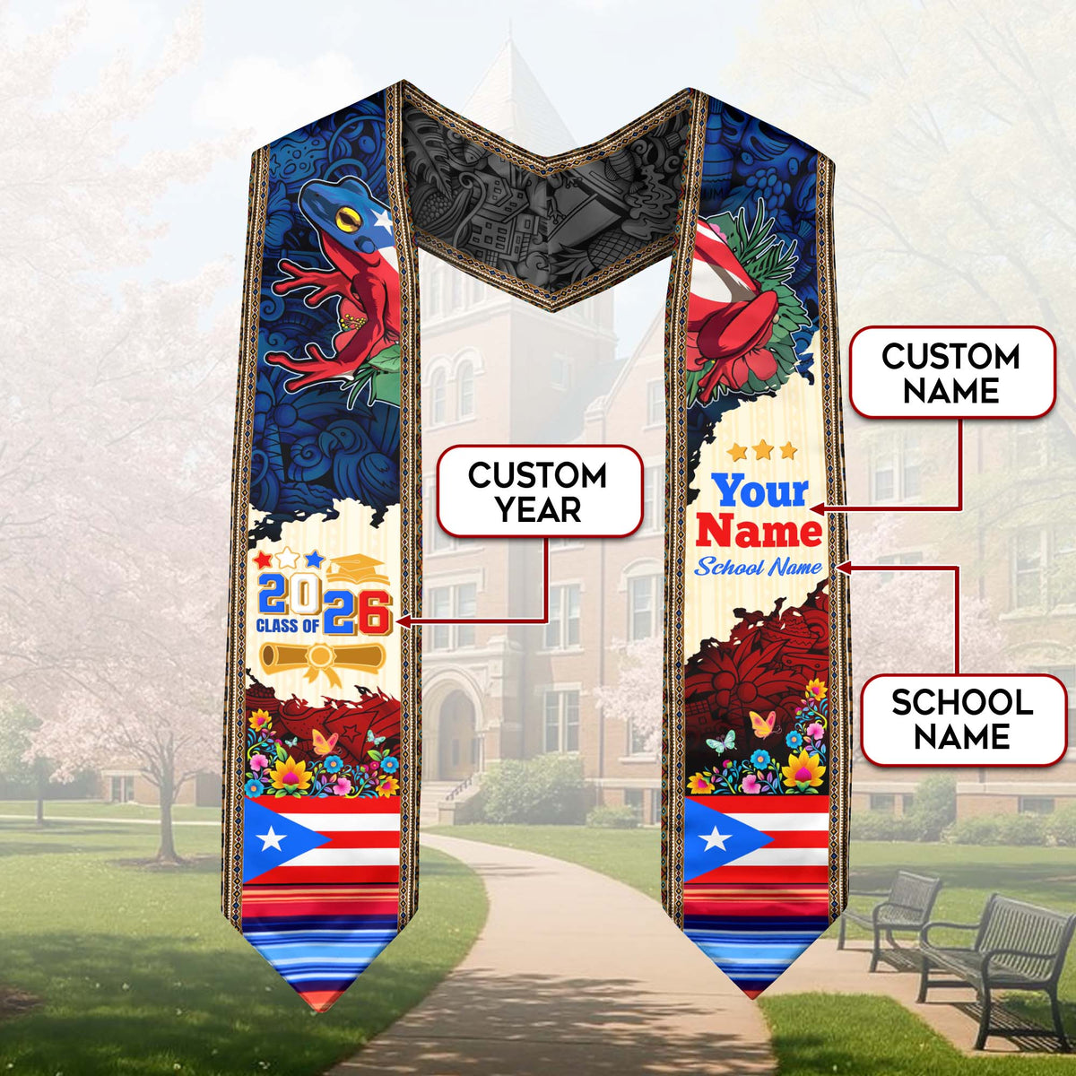 Custom Puerto Rico Flag Graduation Stole Class of 2026 Coqui Frog Floral Sash