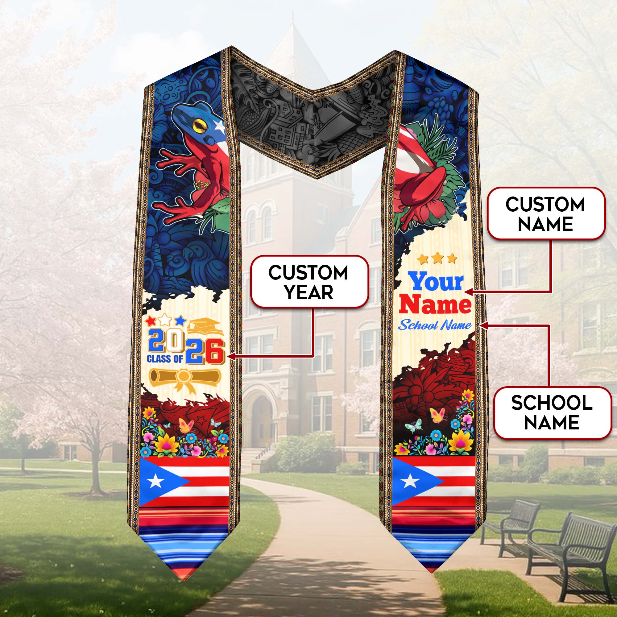 Custom Puerto Rico Flag Graduation Stole Class of 2026 Coqui Frog Floral Sash