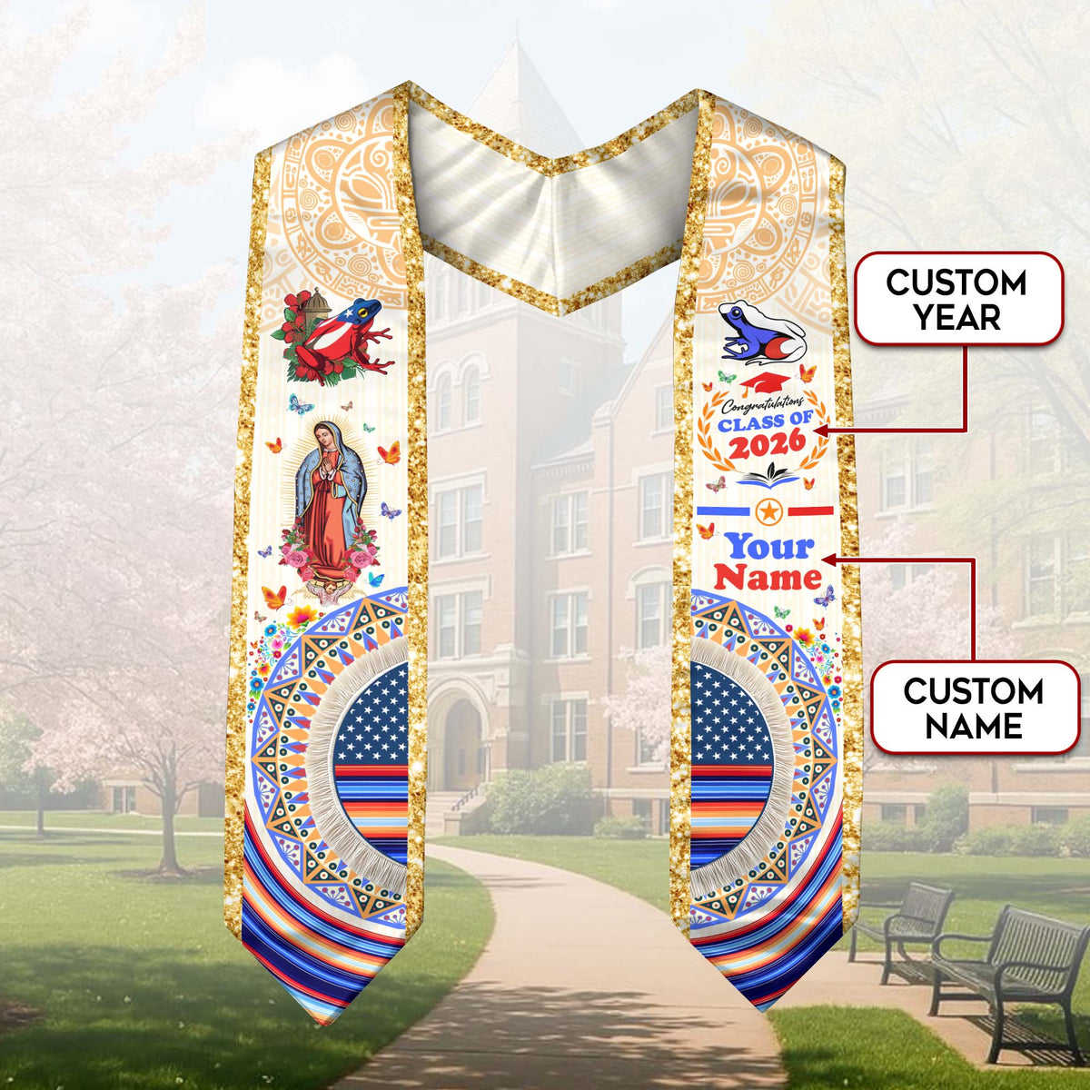 Puerto Rico Graduation Stole Custom Floral Virgin Mary Heritage Coqui Class of 2026 Sash