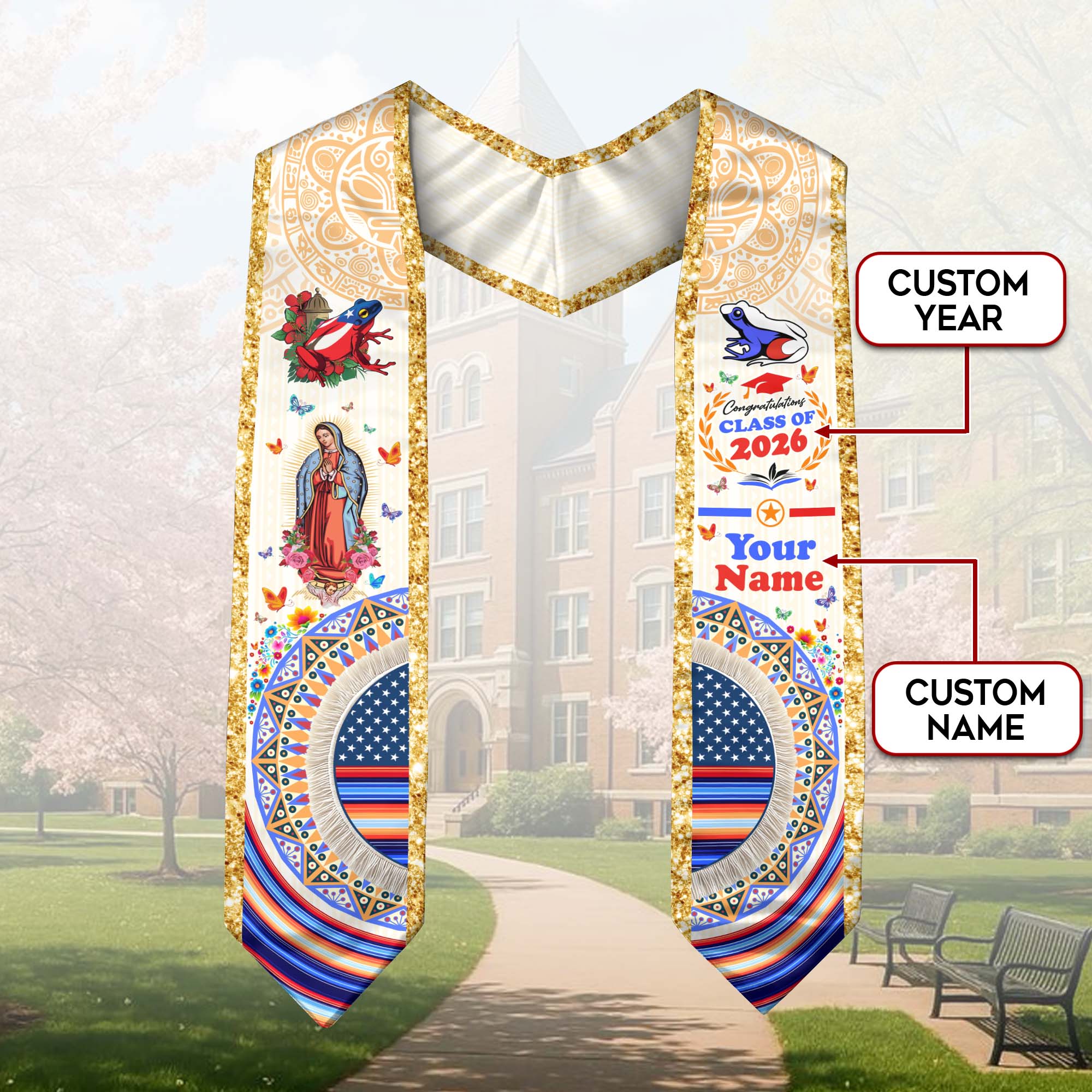Puerto Rico Graduation Stole Custom Floral Virgin Mary Heritage Coqui Class of 2026 Sash