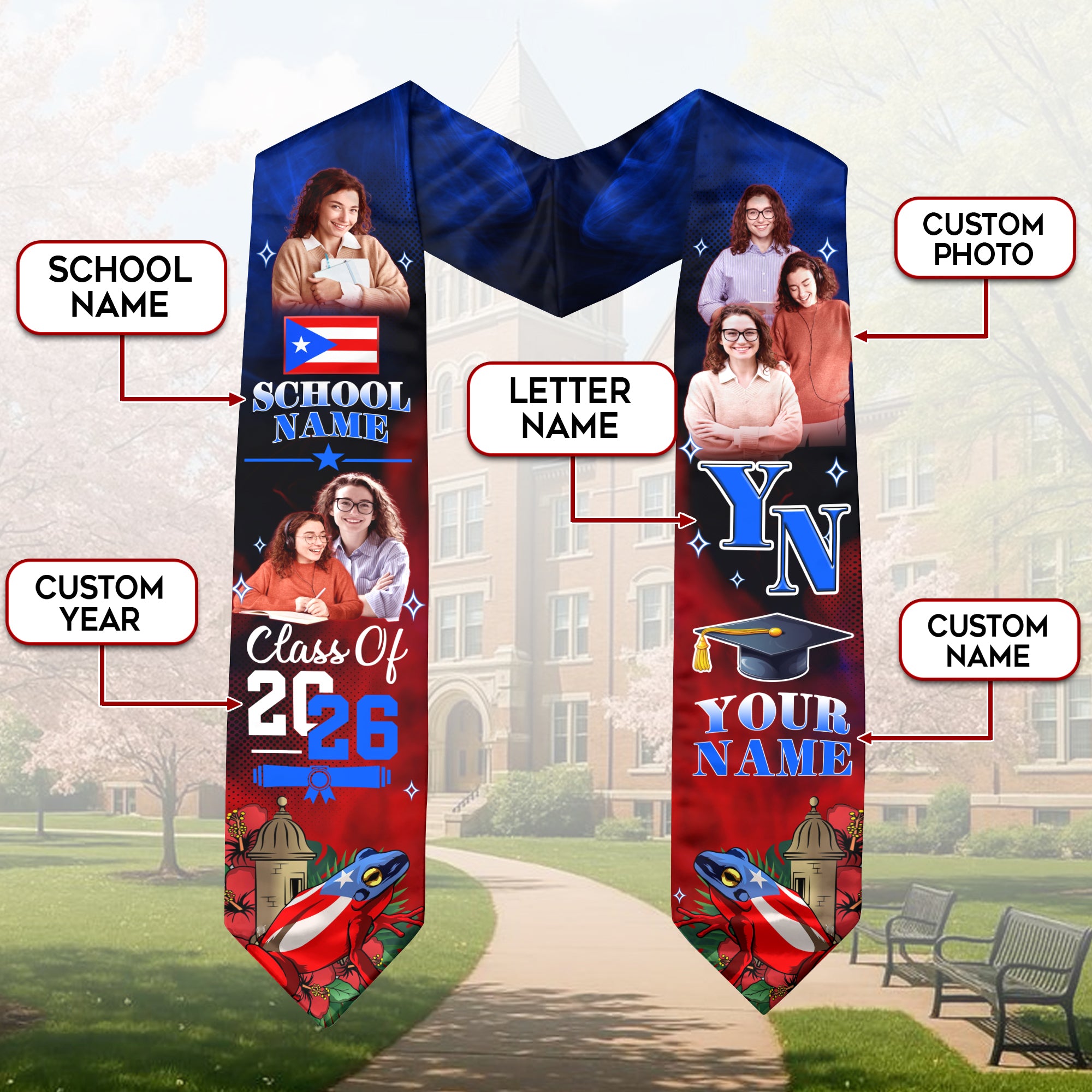 Custom Photo Name Puerto Rico Flag Coqui Frog Class of 2026 Personalized Graduation Sash