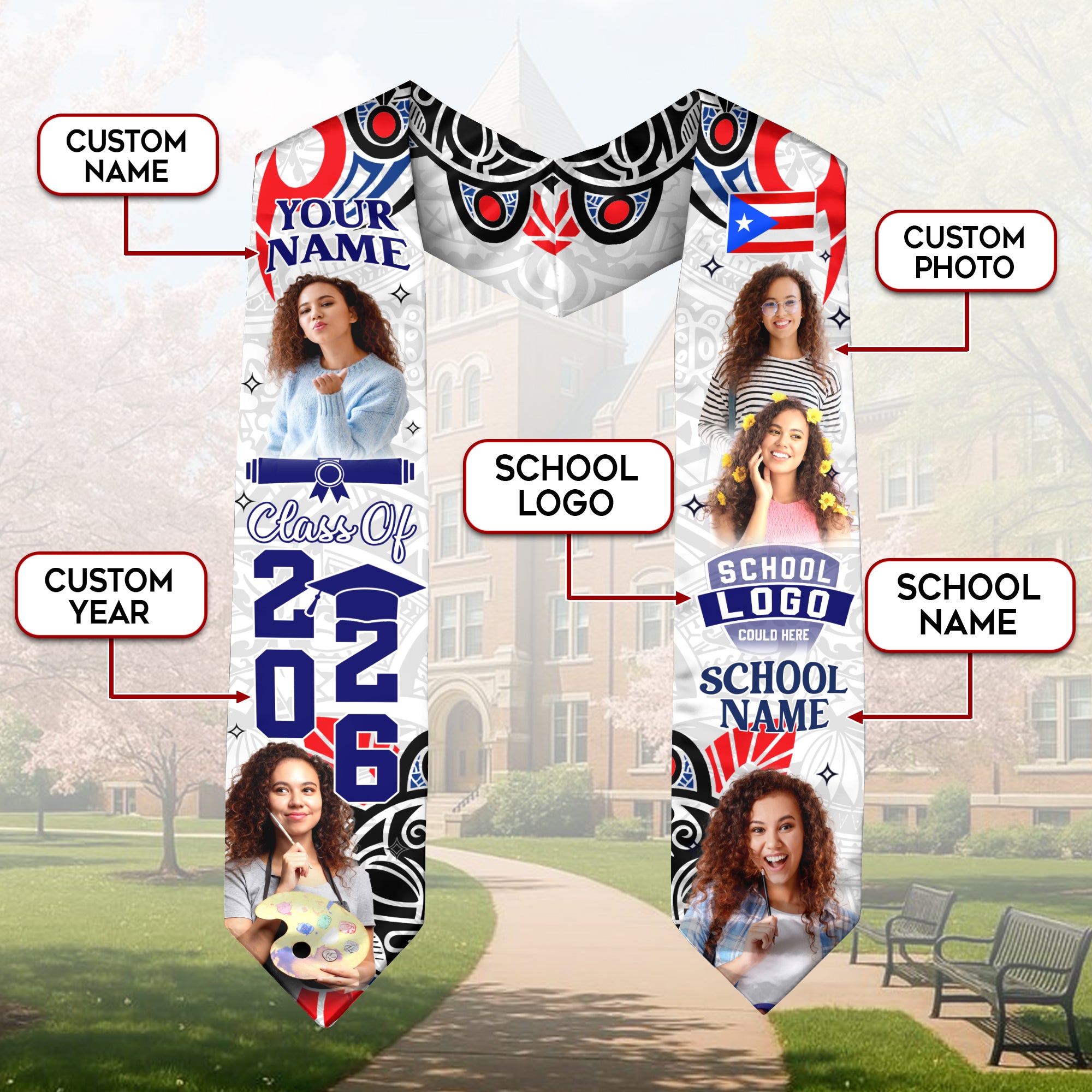 Custom Photo Name Puerto Rico Flag Taino Pattern Class of 2026 Graduation Stole