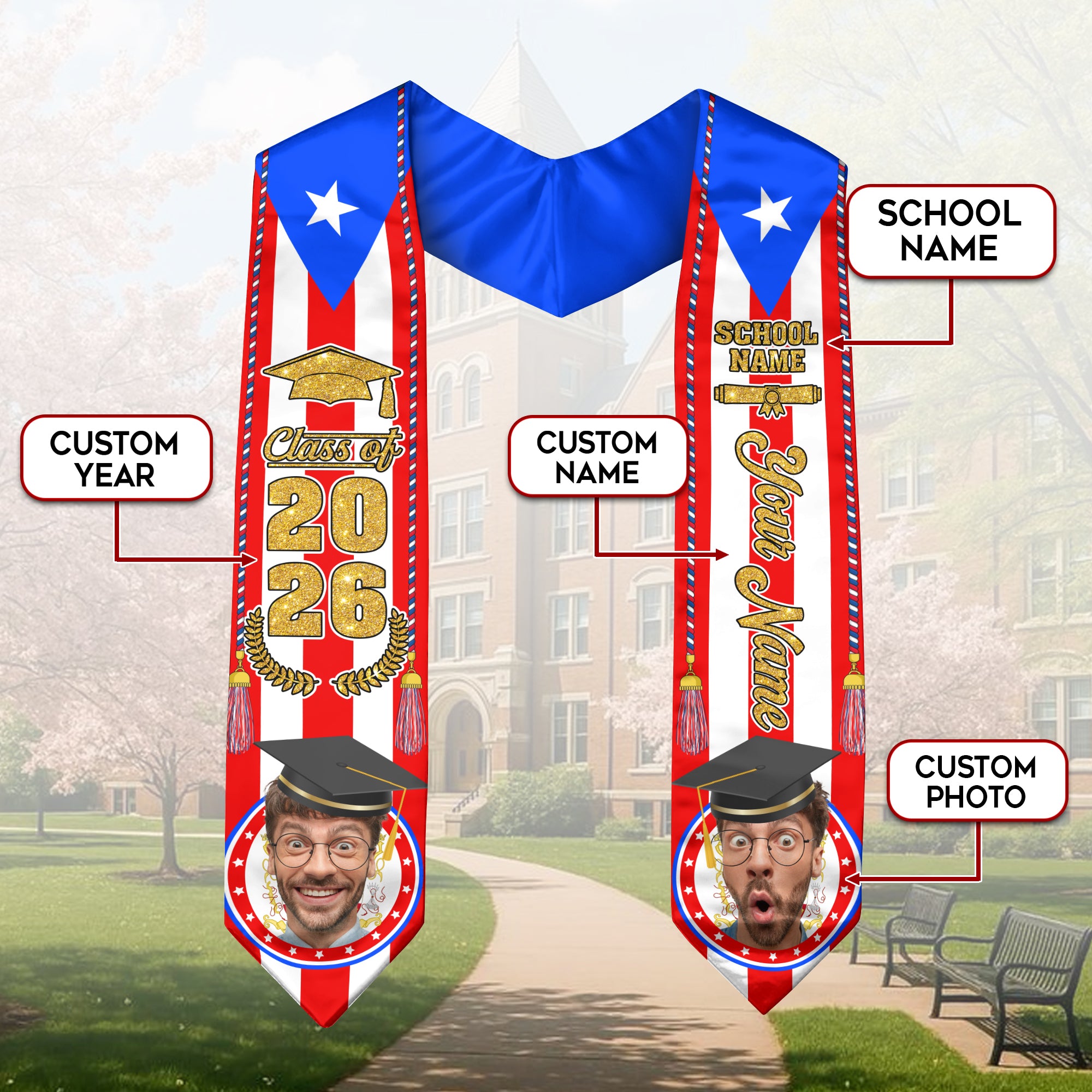 Custom Photo Name Puerto Rico Flag Gold Glitter Class of 2026 Graduation Sash