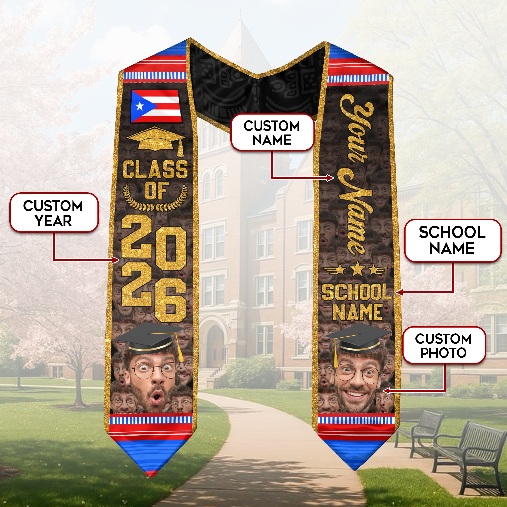 Custom Photo Name Puerto Rico Flag Taino Tribal Class of 2026 Graduation Stole