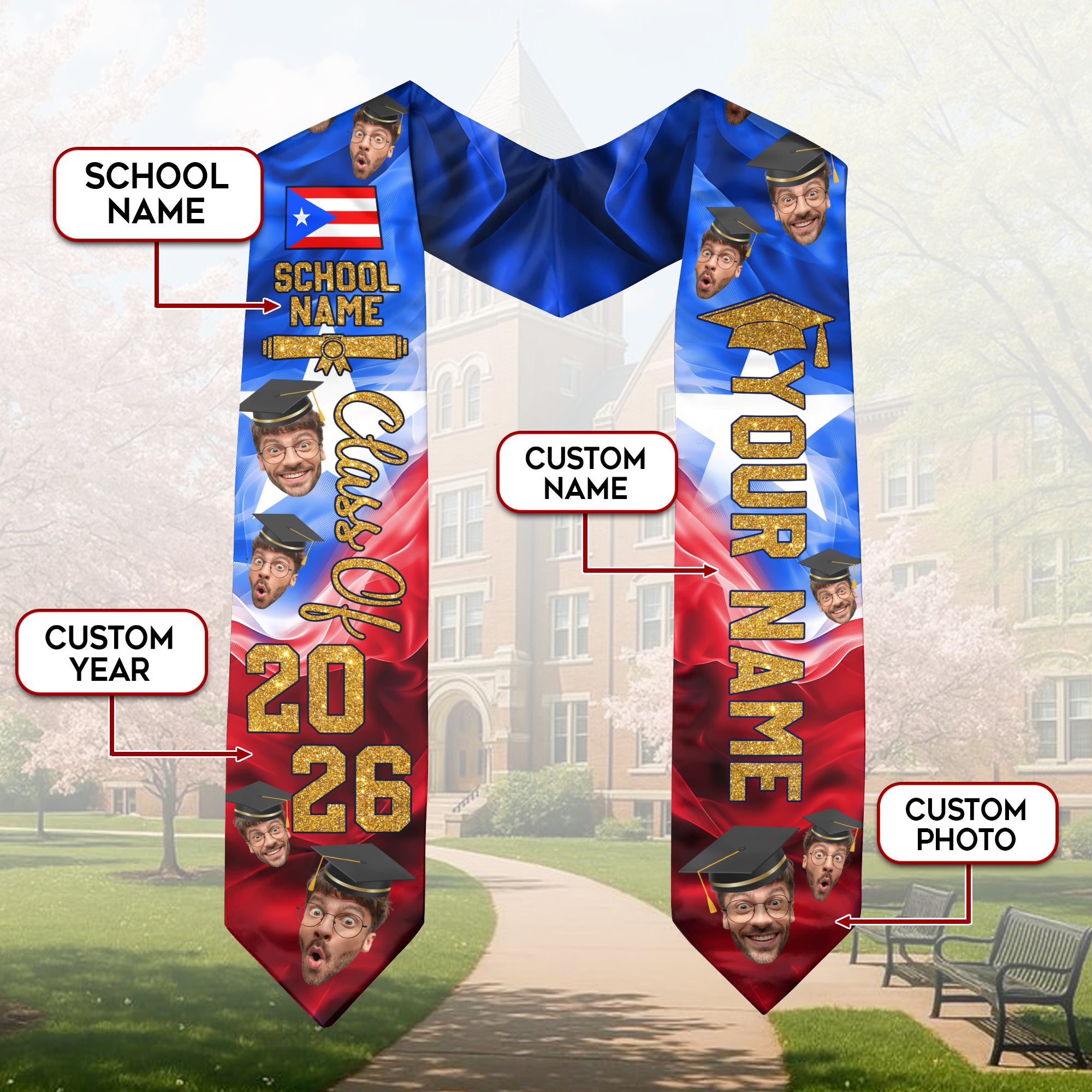 Custom Photo Face Puerto Rico Flag Graduation Class of 2026 Personalized Graduation Sash