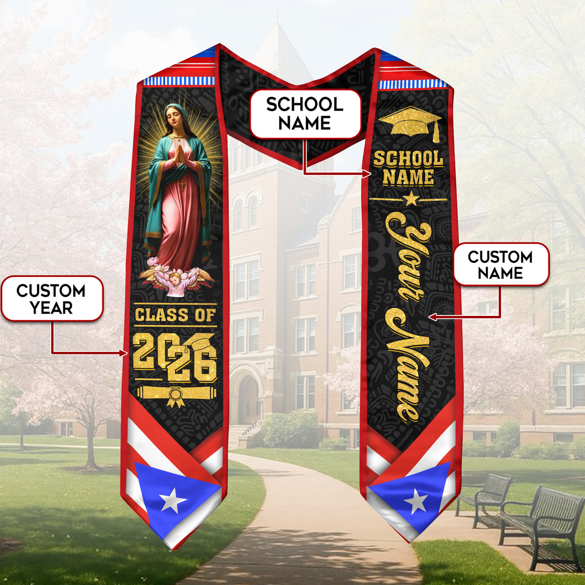 Custom Puerto Rico Flag Virgin Mary Taino Tribal Class of 2026 Graduation Stole