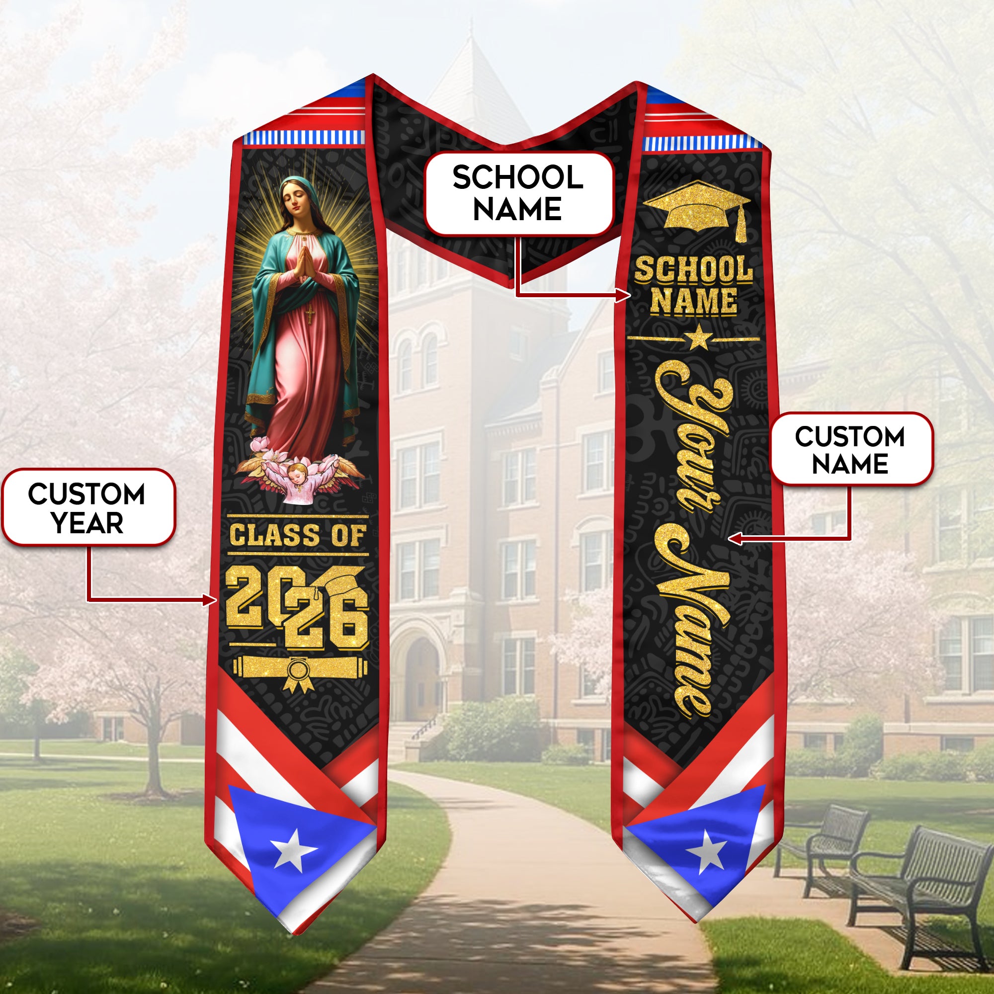 Custom Puerto Rico Flag Virgin Mary Taino Tribal Class of 2026 Graduation Stole