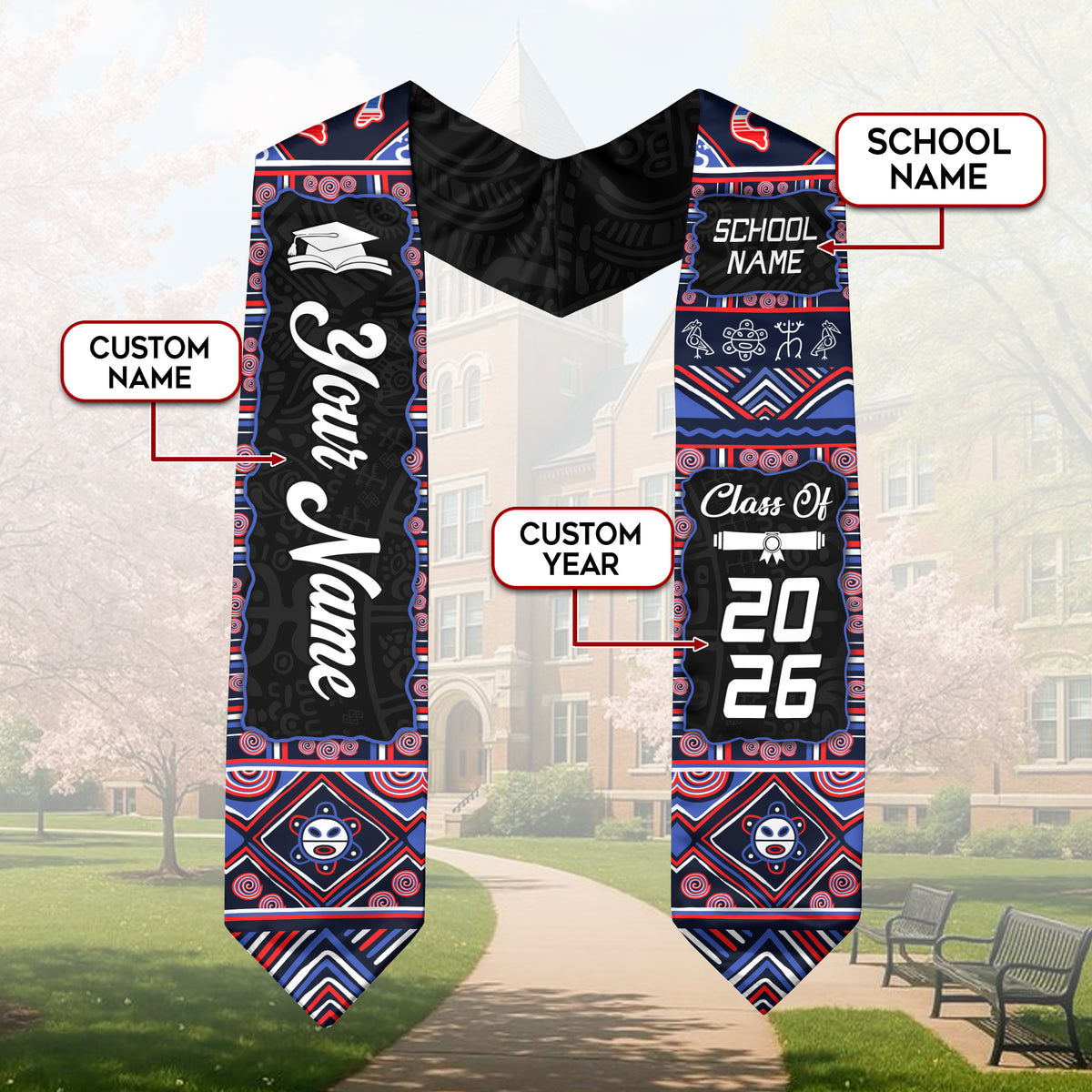 Personalized Puerto Rico Graduation Stole 2026 Taino Heritage Symbols Graduation Sash