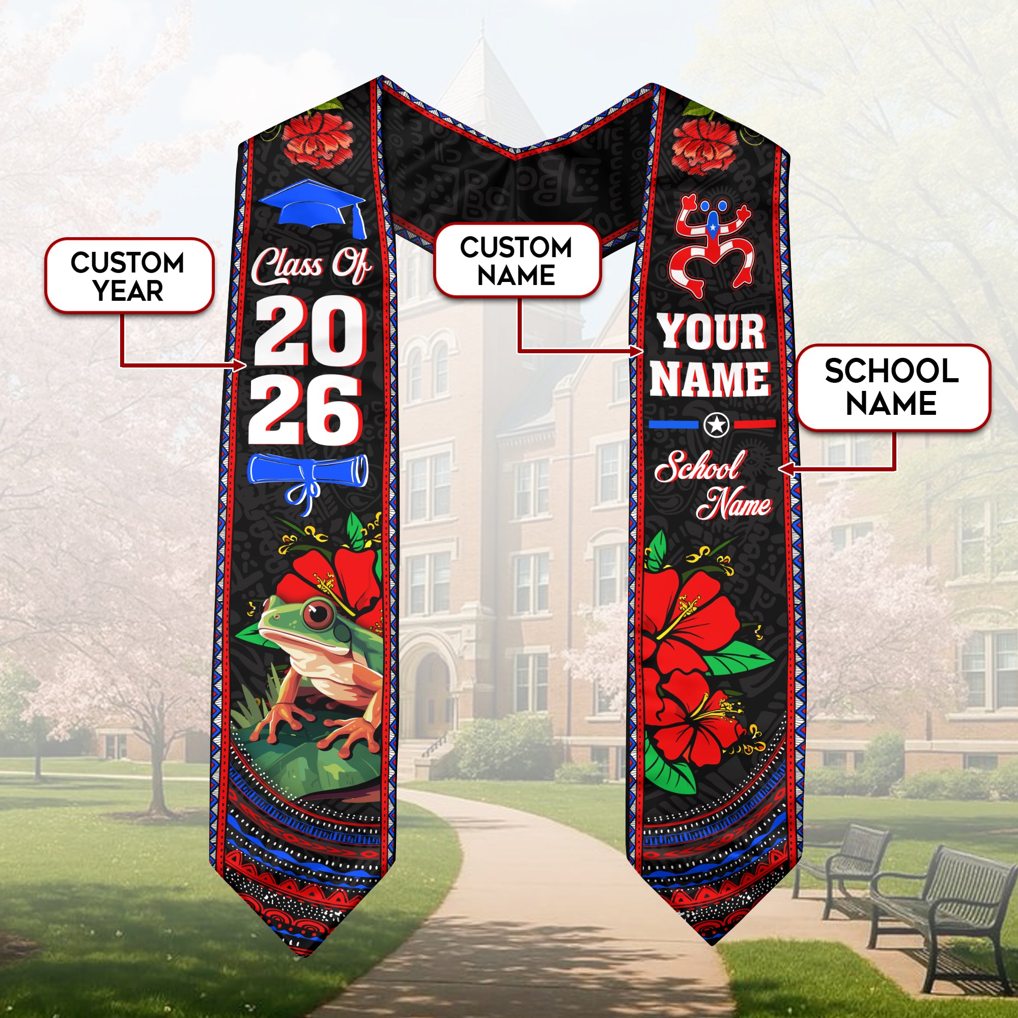 Custom Puerto Rico Graduation Stole 2026 Coqui Frog Floral Heritage Graduation Sash