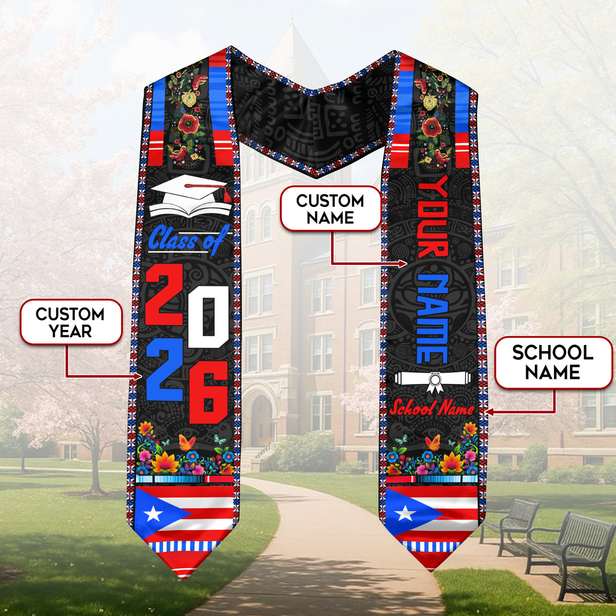Custom Puerto Rico Graduation Stole 2026 Culture Heritage Puerto Ricans Graduation Sash
