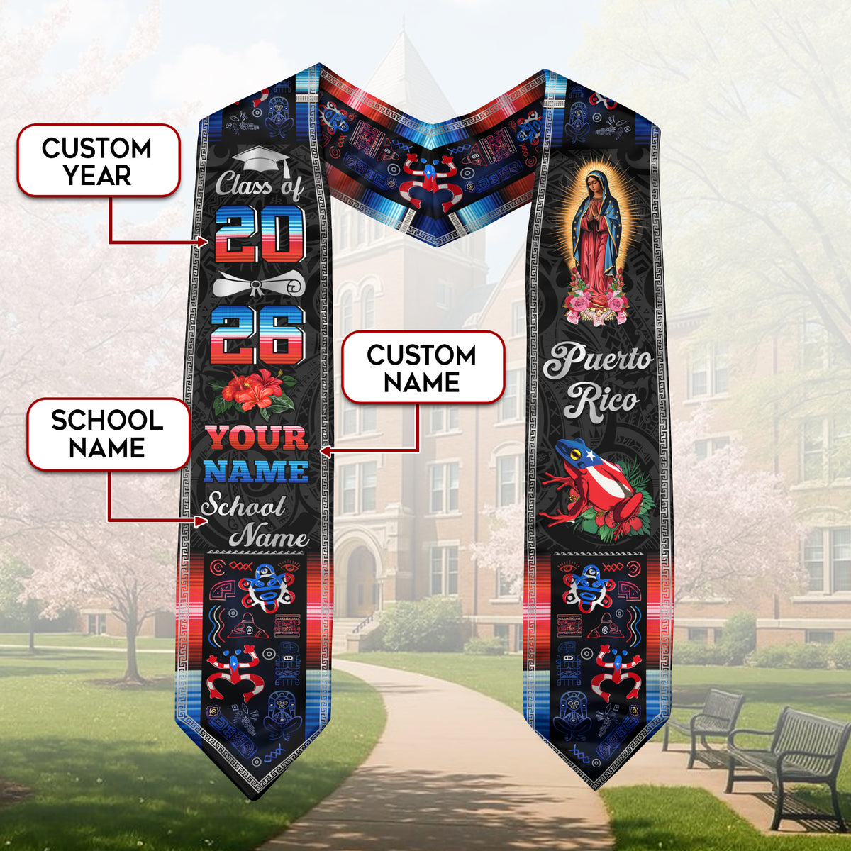Custom Puerto Rico Graduation Stole 2026 Virgin Mary Coqui Frog Hibiscus Graduation Sash