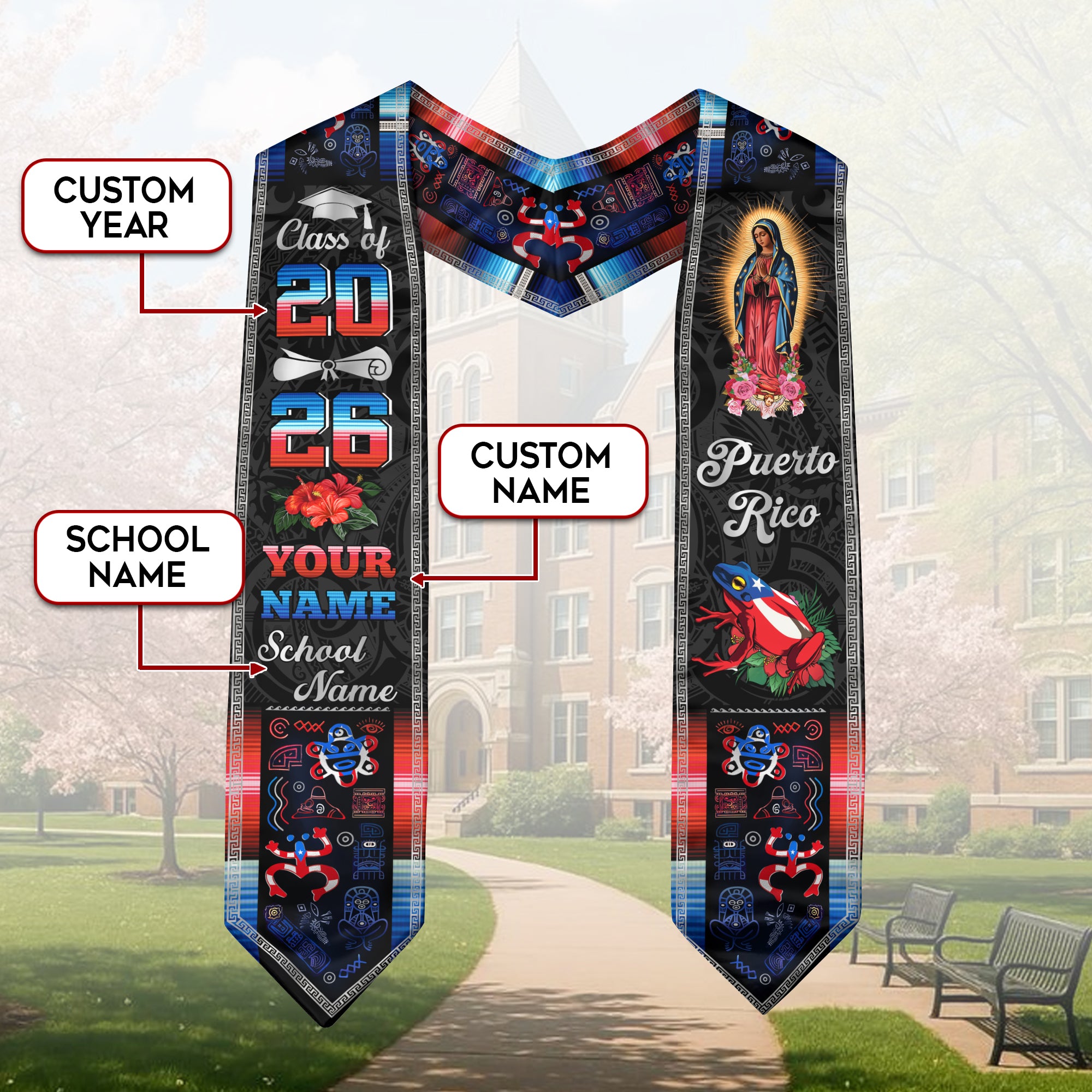Custom Puerto Rico Graduation Stole 2026 Virgin Mary Coqui Frog Hibiscus Graduation Sash