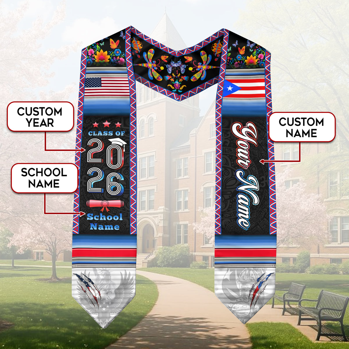 Custom Puerto Rico American Flag Graduation Sash 2026 Eagle Floral Puerto Rico Stole