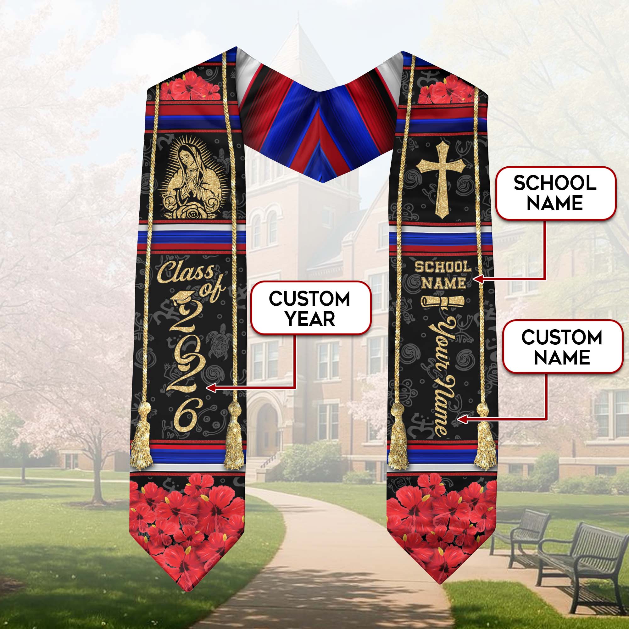 Puerto Rico Graduation Stole Virgin Mary & Cross Floral Class of 2026 Senior Sash
