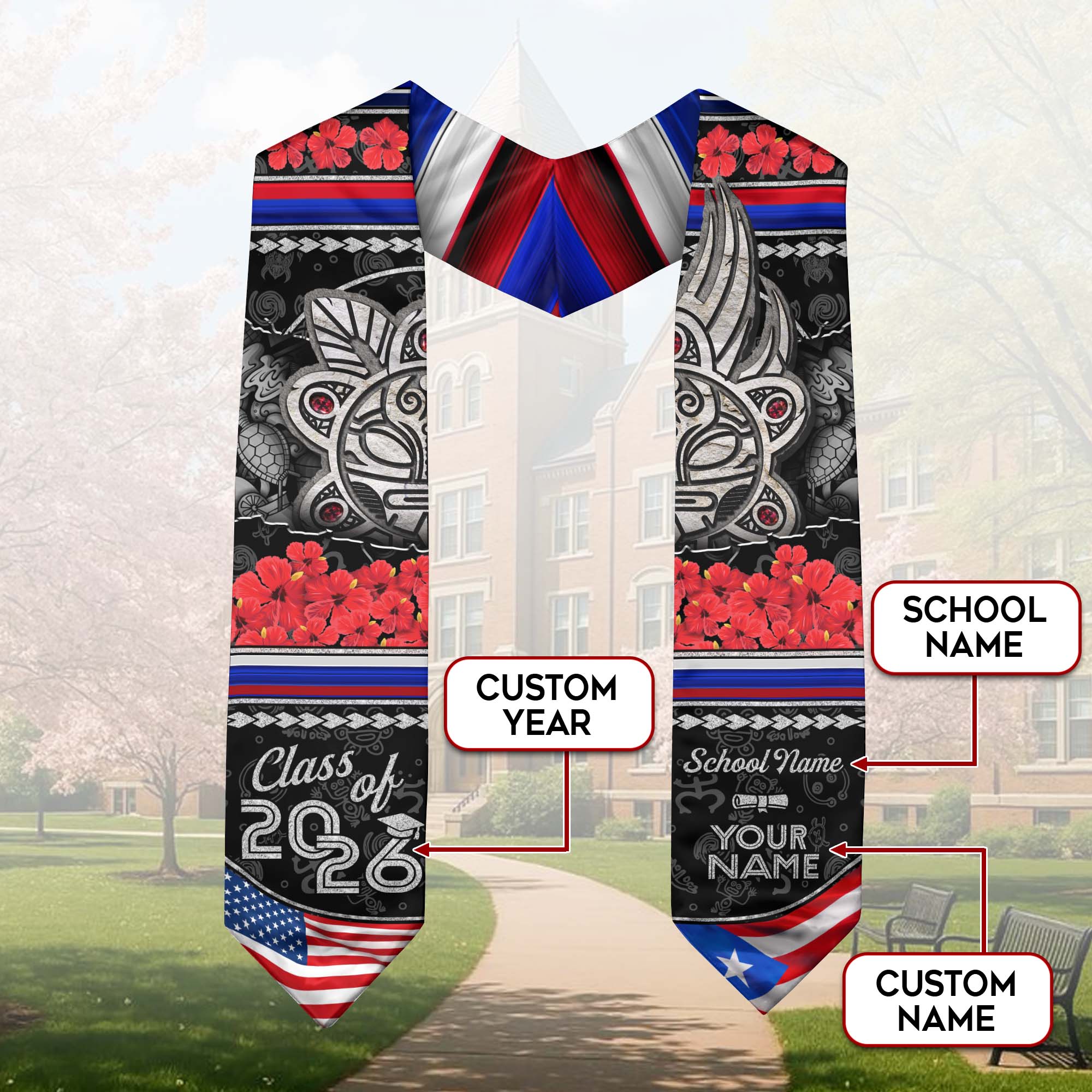 Custom Puerto Rico Graduation Stole Class of 2026 Hibiscus Flower Taino Art Flag Sash
