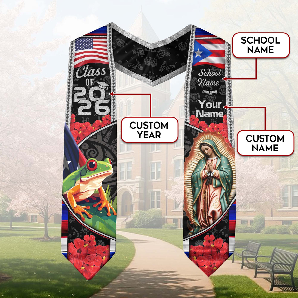Custom Puerto Rico American Flag Graduation Sash 2026 Coqui Frog Virgin Mary Stole