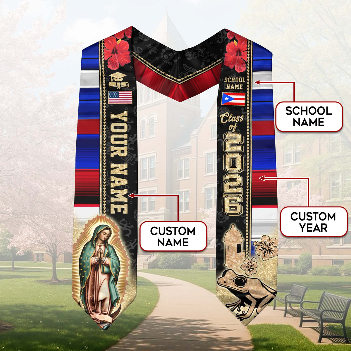 Custom Puerto Rico Graduation Sash 2026 Virgin Mary Coqui Frog American Flag Stole
