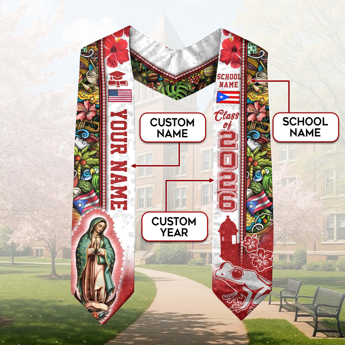 Custom Puerto Rico Graduation Sash 2026 Virgin Mary American Flag Coqui Frog Stole Gift