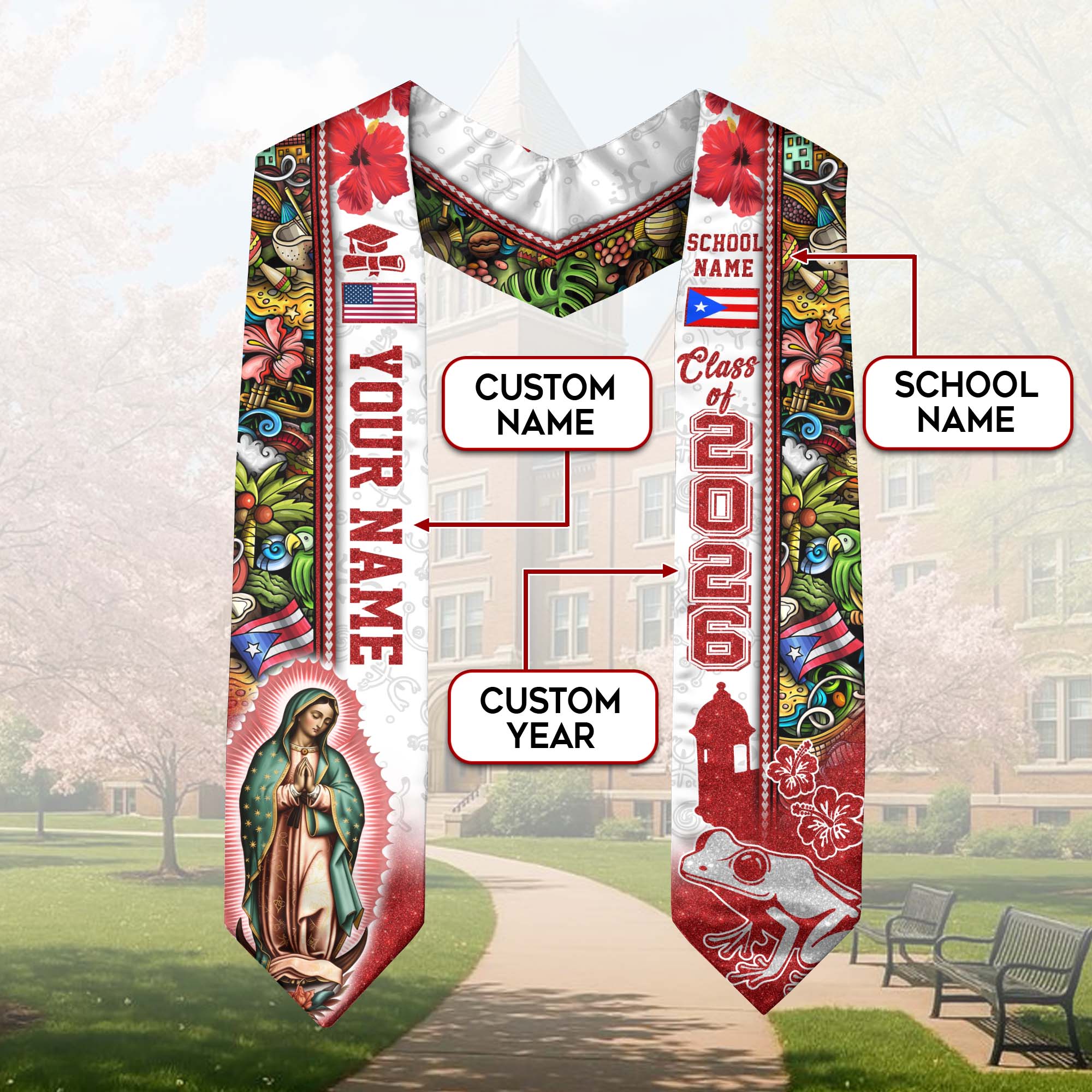 Custom Puerto Rico Graduation Sash 2026 Virgin Mary American Flag Coqui Frog Stole Gift