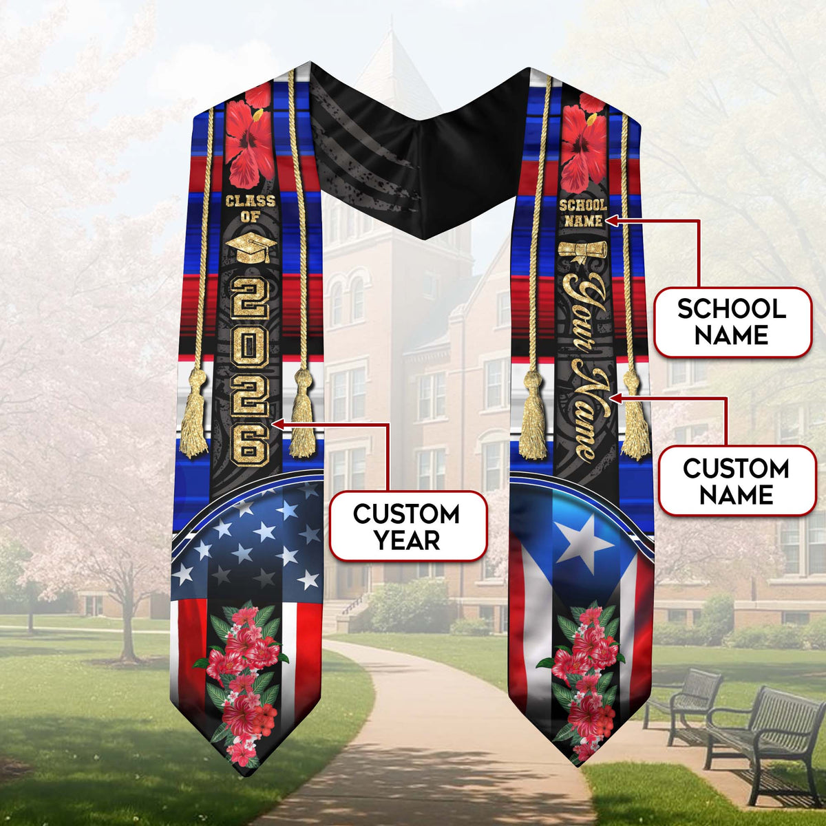 Puerto Rican American Flag Graduation Stole 2026 Custom Hibiscus Graduation Sash